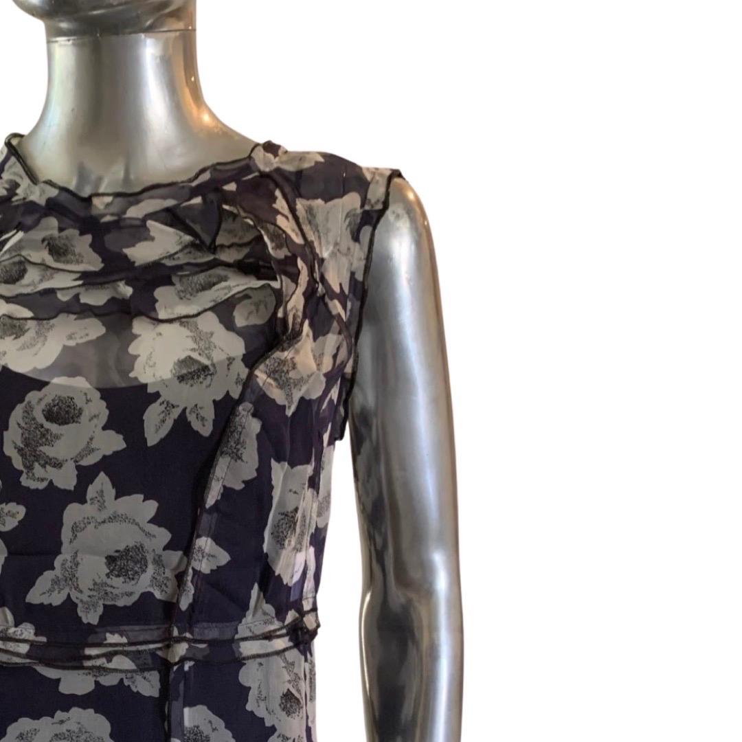 Nina Ricci Paris Ärmelloses Kleid mit Blumendruck und Slip aus reiner Seide, Größe 6-8 (Schwarz) im Angebot