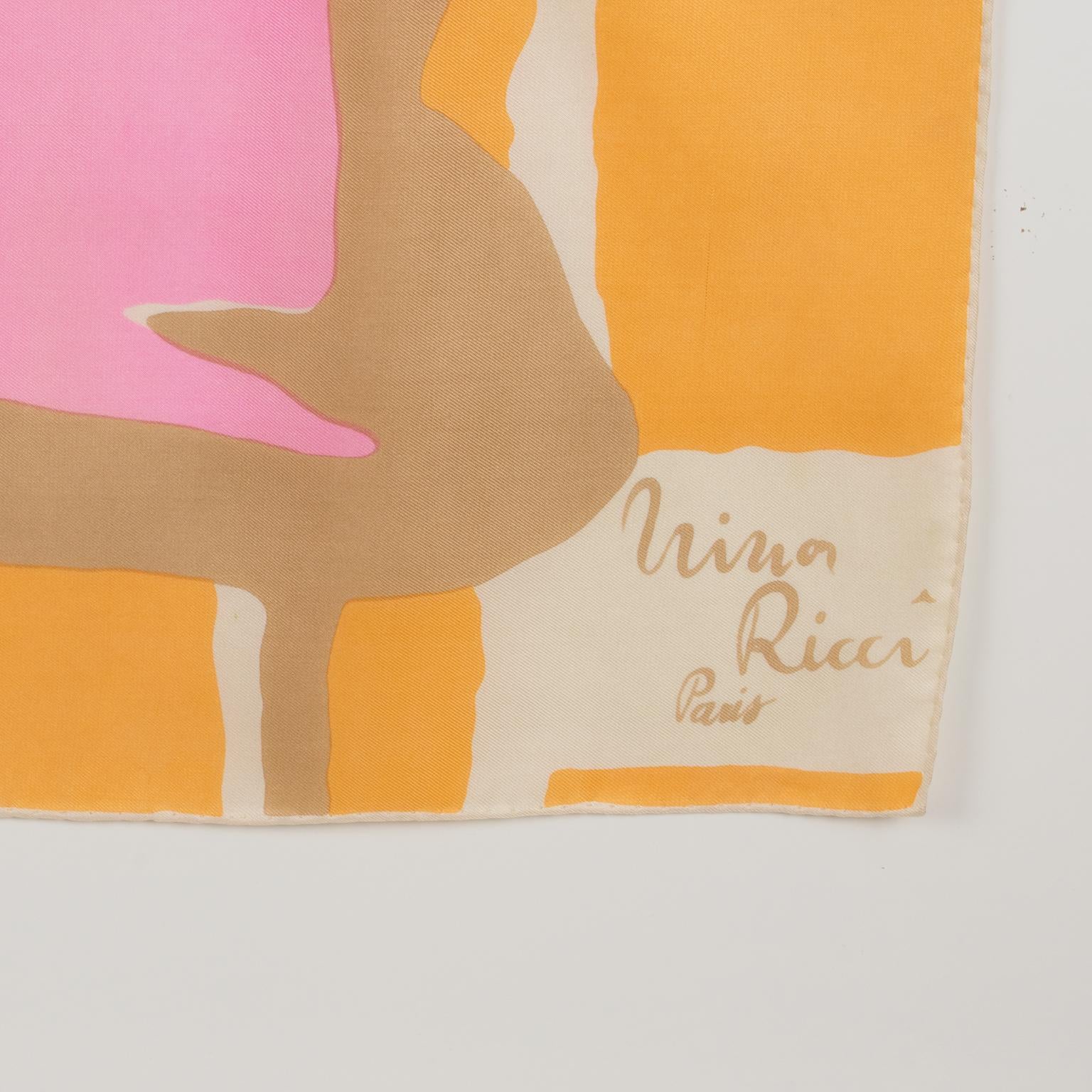 Nina Ricci Paris Silk Scarf Abstract 1970s Print in Pink and Orange 1