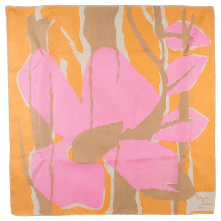 Nina Ricci Paris Silk Scarf Abstract 1970s Print in Pink and Orange For Sale