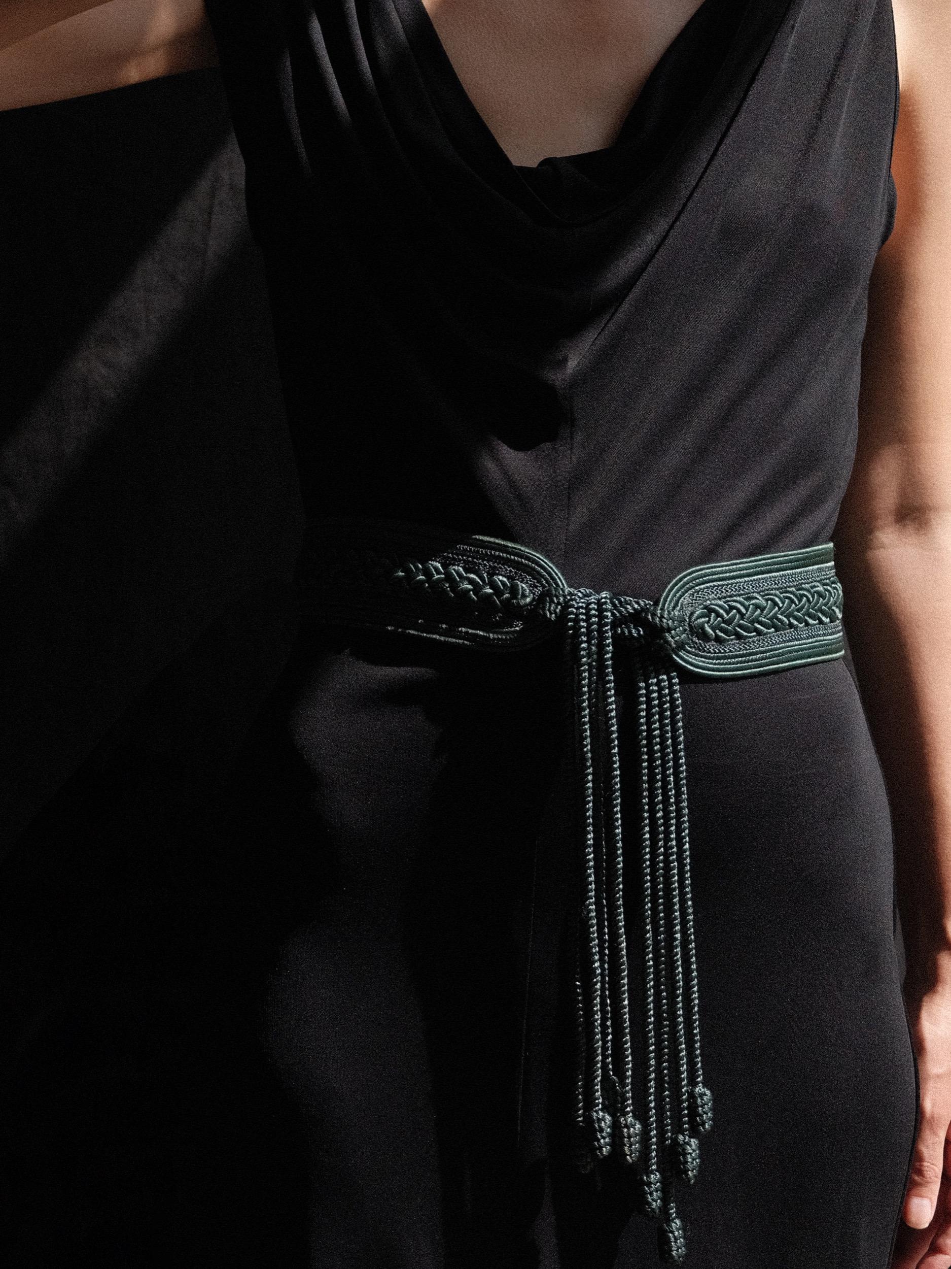 Black Nina Ricci Passamenterie Belt with Tassels Dark Green 1990's For Sale