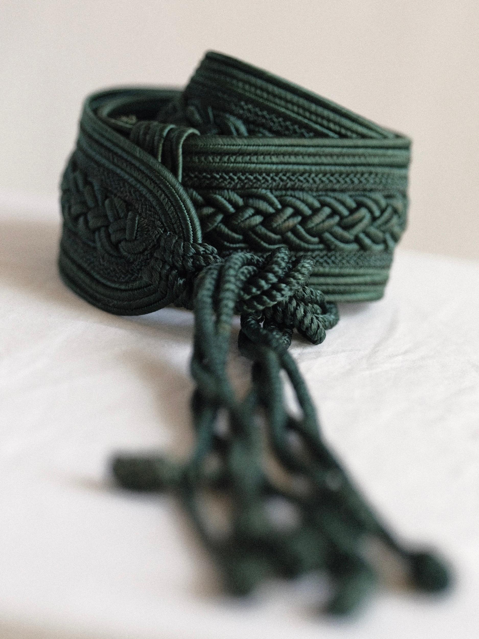 Women's or Men's Nina Ricci Passamenterie Belt with Tassels Dark Green 1990's For Sale