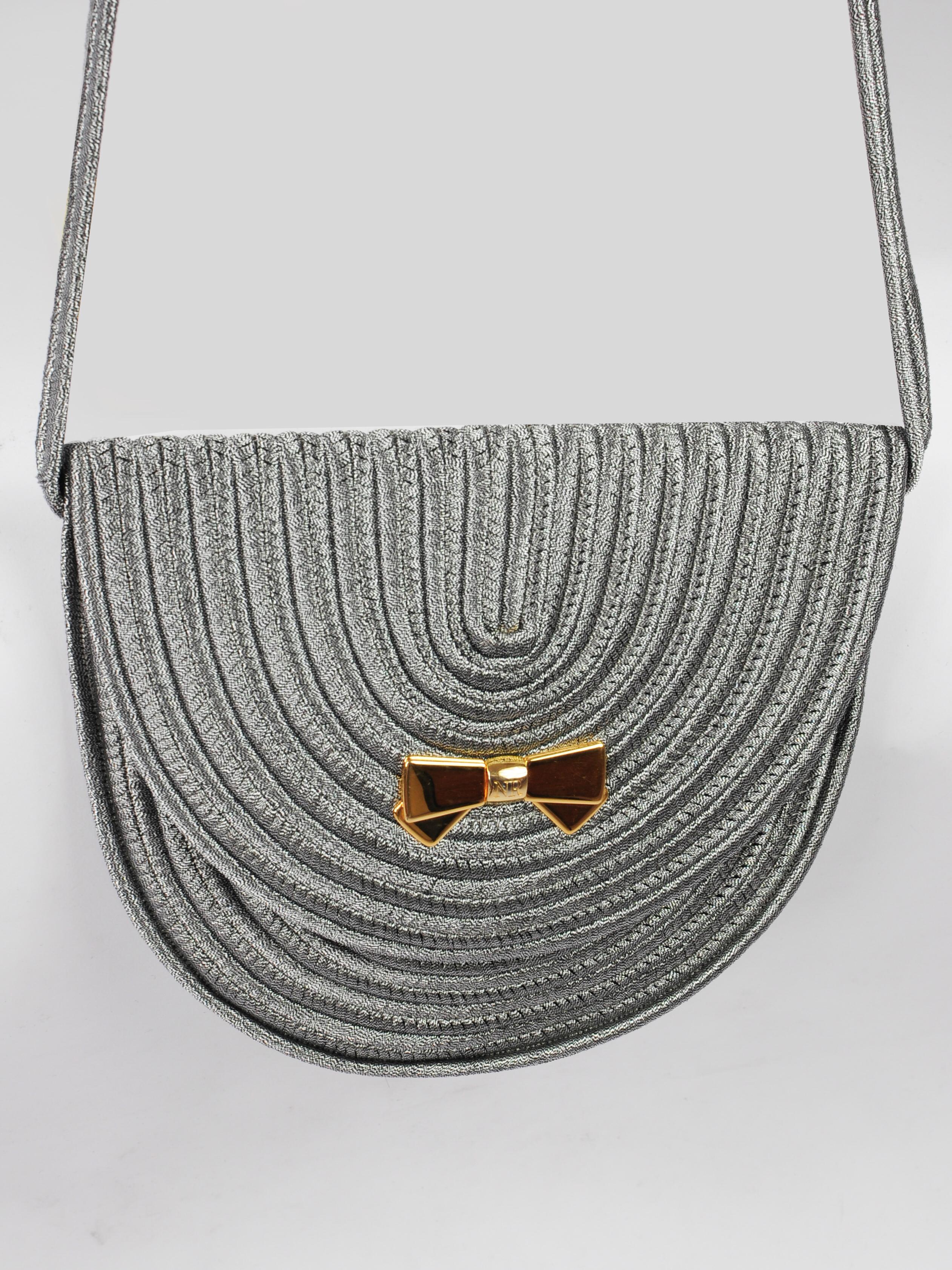 Women's or Men's Nina Ricci Passementerie Silver Crossbody Evening Bag Signature Gold Bow 1980s For Sale