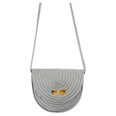 Nina Ricci Passementerie Silver Crossbody Evening Bag Signature Gold Bow 1980s