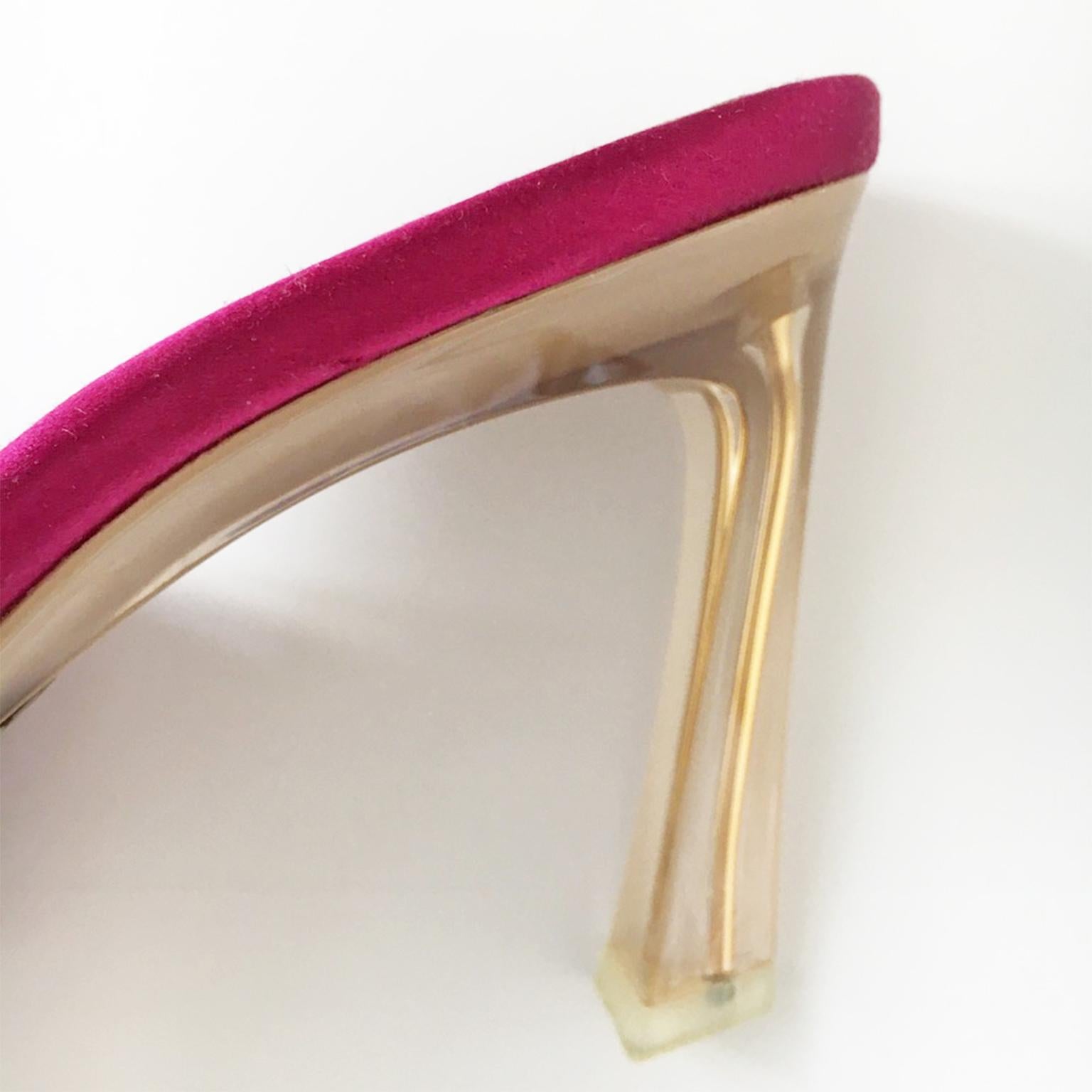 Nina Ricci Rosa Magenta Satin Clear Gold Heel Mule Pumps NUOVO in vendita 1