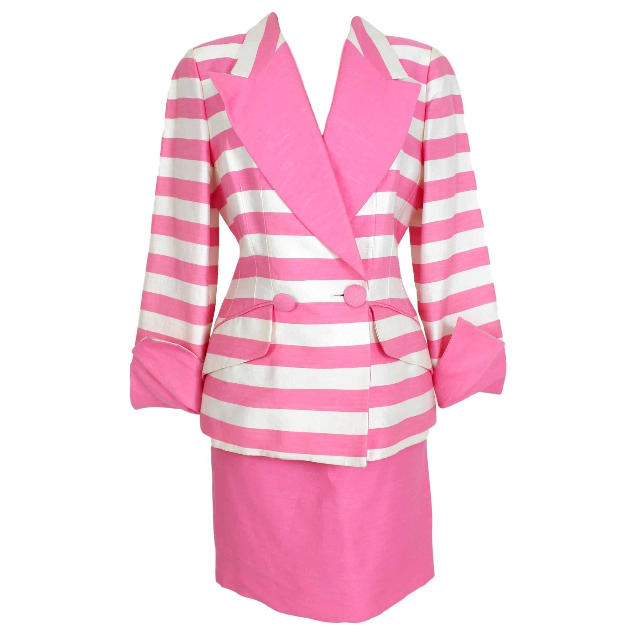 Nina Ricci Pink White Silk Pinstripe Evening Cocktail Skirt Suit and Jacket 