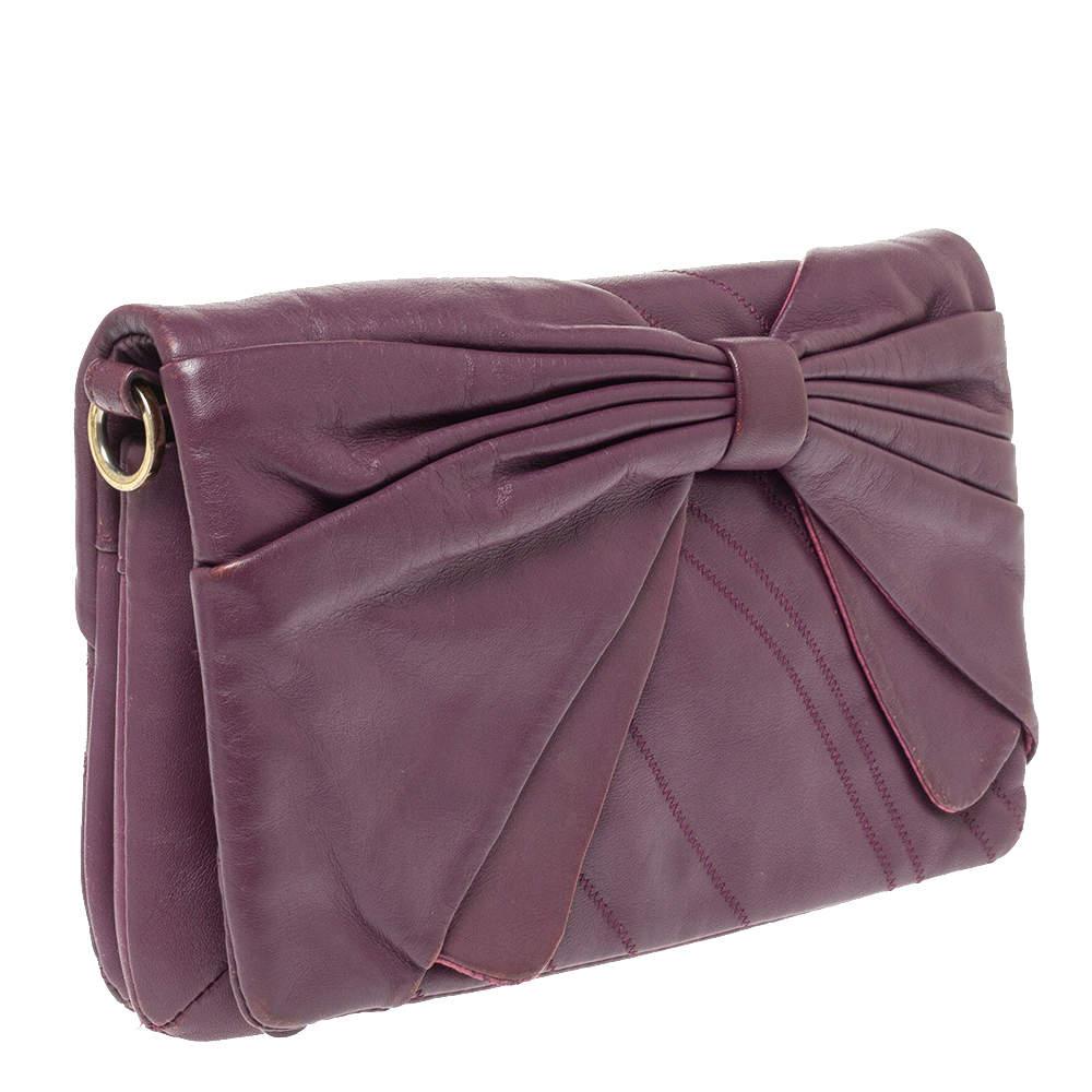 Gray Nina Ricci Purple Leather Pleated Bow Flap Shoulder Bag