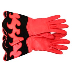 Nina Ricci Red Leather & Black Suede Flame Gauntlet Gloves circa 1980s
