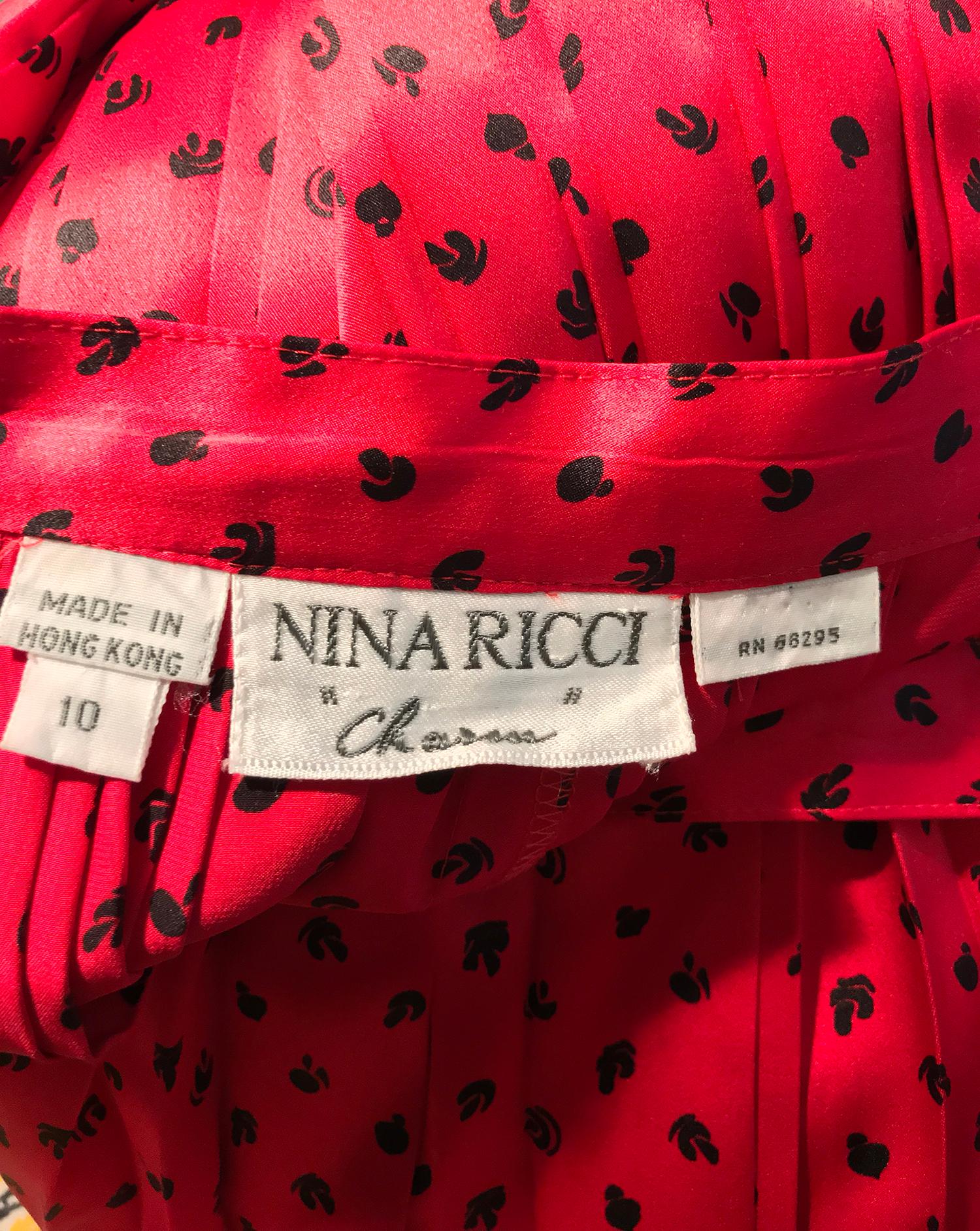 Nina Ricci Red Silk Satin Printed Blouse and Skirt set 1980s For Sale 7