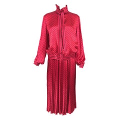 Retro Nina Ricci Red Silk Satin Printed Blouse and Skirt set 1980s