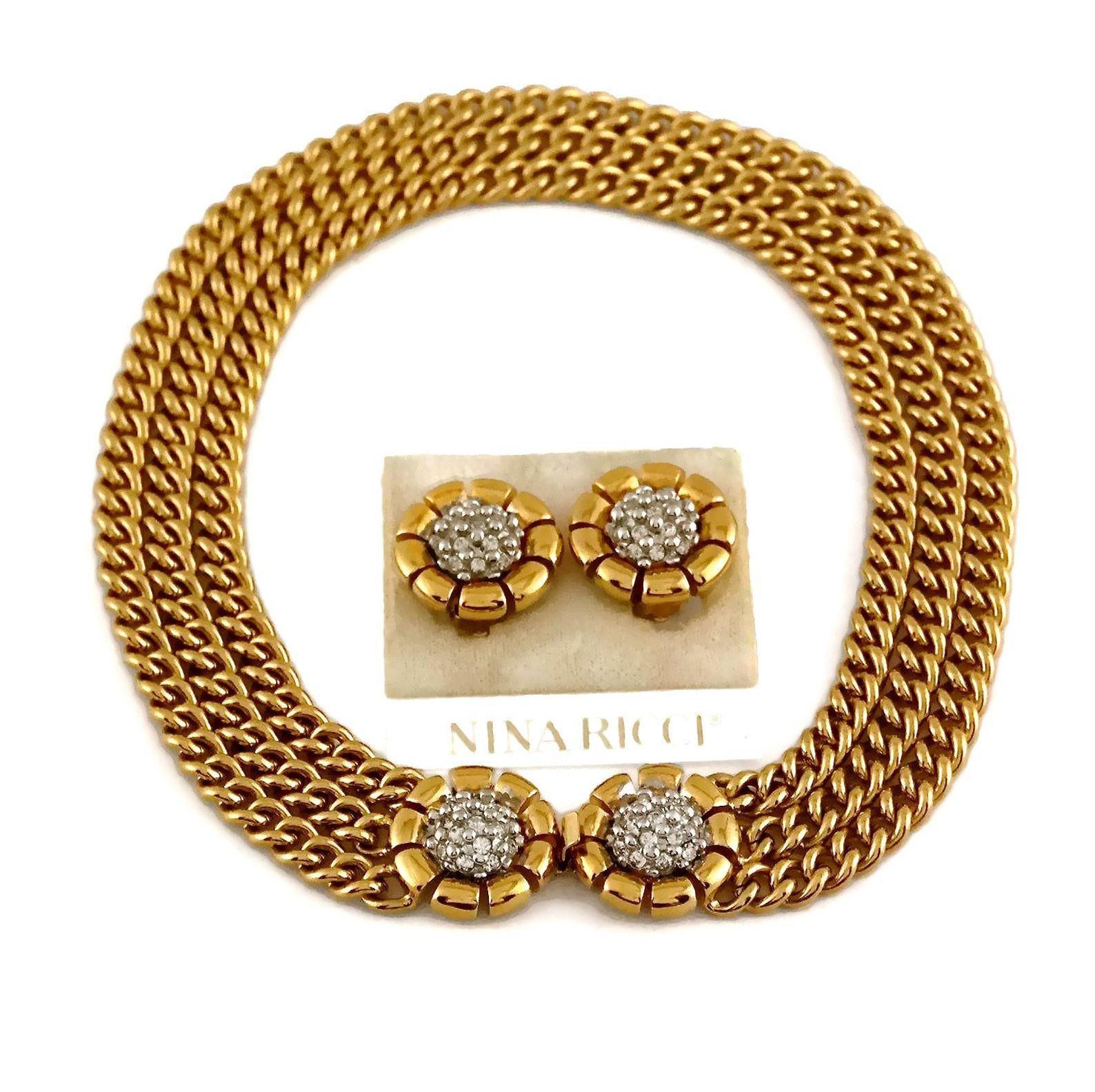 NINA RICCI Rhinestone Cluster Flower Earrings and Multi Chain Necklace Set 6
