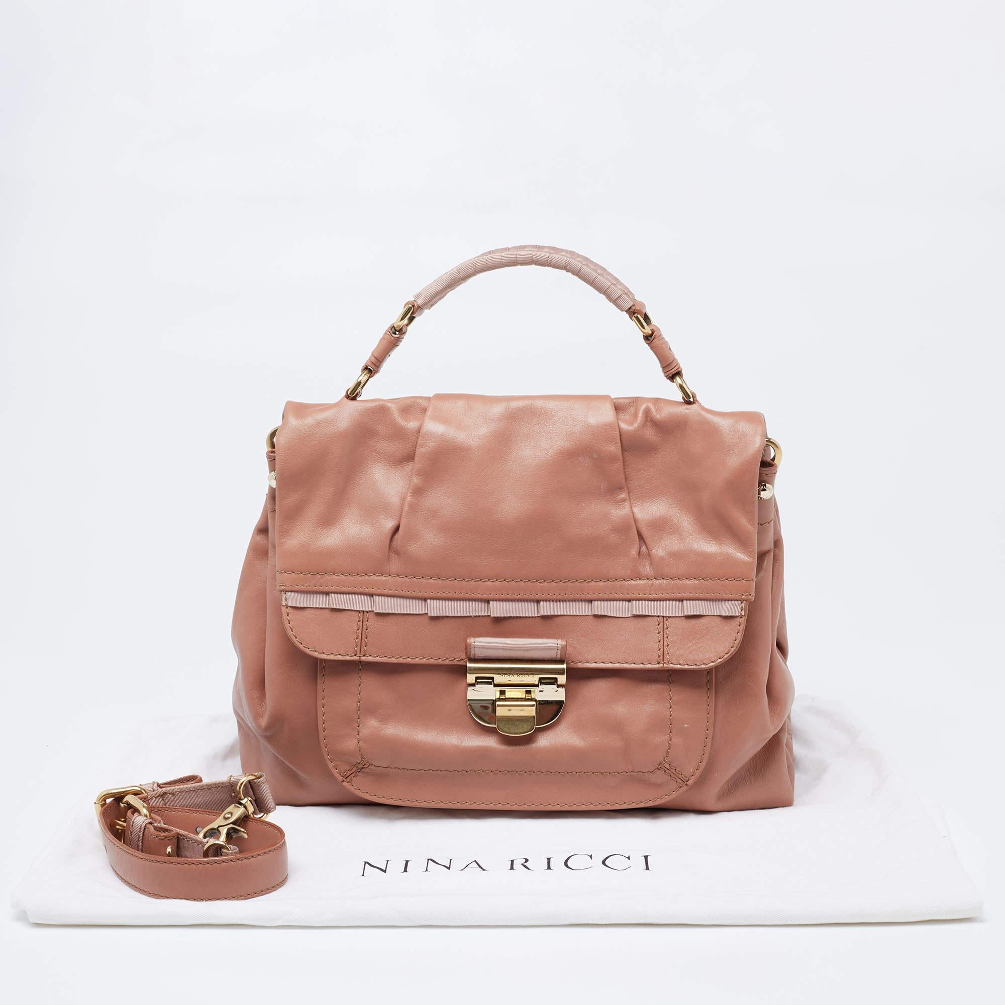 Nina Ricci Rose Beige Leather and Fabric Liane Top Handle Bag For Sale 10