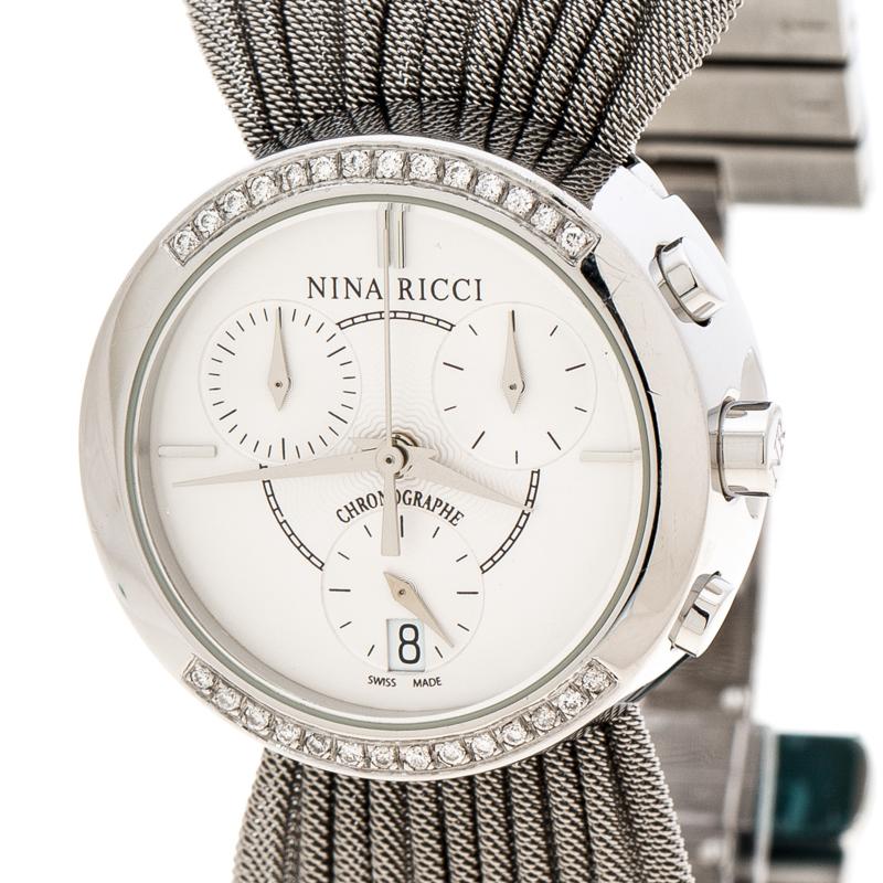Contemporary Nina Ricci Silver White Diamonds N021.15 Chronograph Women's Wristwatch 32 mm