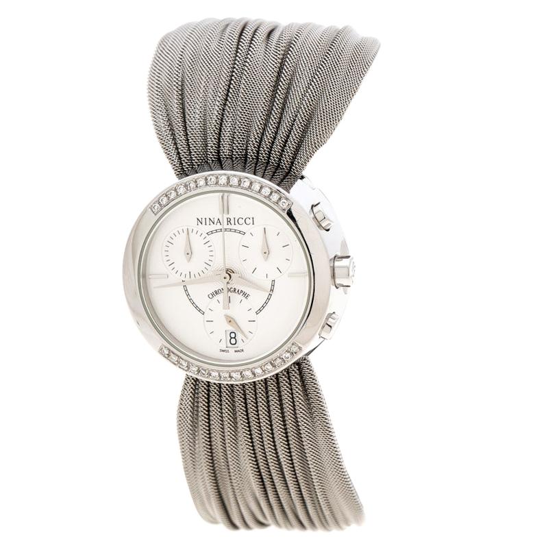 Nina Ricci Silver White Diamonds N021.15 Chronograph Women's Wristwatch 32 mm