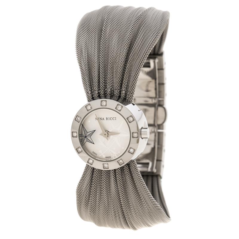 Nina Ricci Silver White Stainless Steel and Diamonds N021.12 Women's Wristwatch 