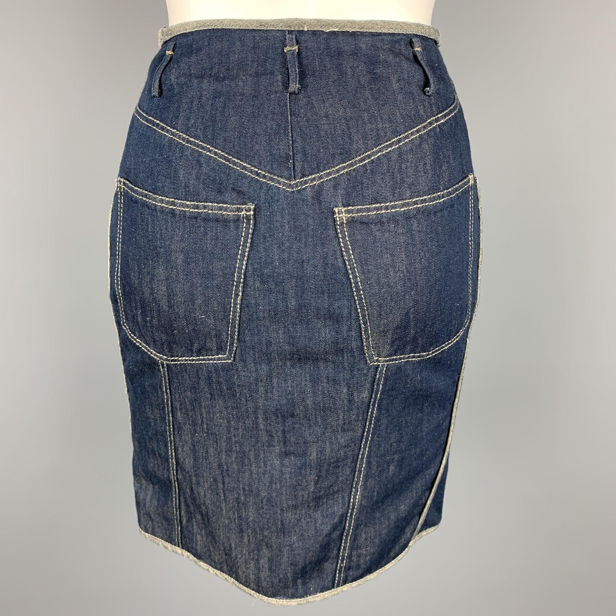 Women's NINA RICCI Size 4 Blue Contrast Stitch Denim Pencil Skirt For Sale