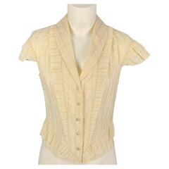 NINA RICCI Size 6 Cream Gold Cotton Blend Stripe Ruffle Dress Top