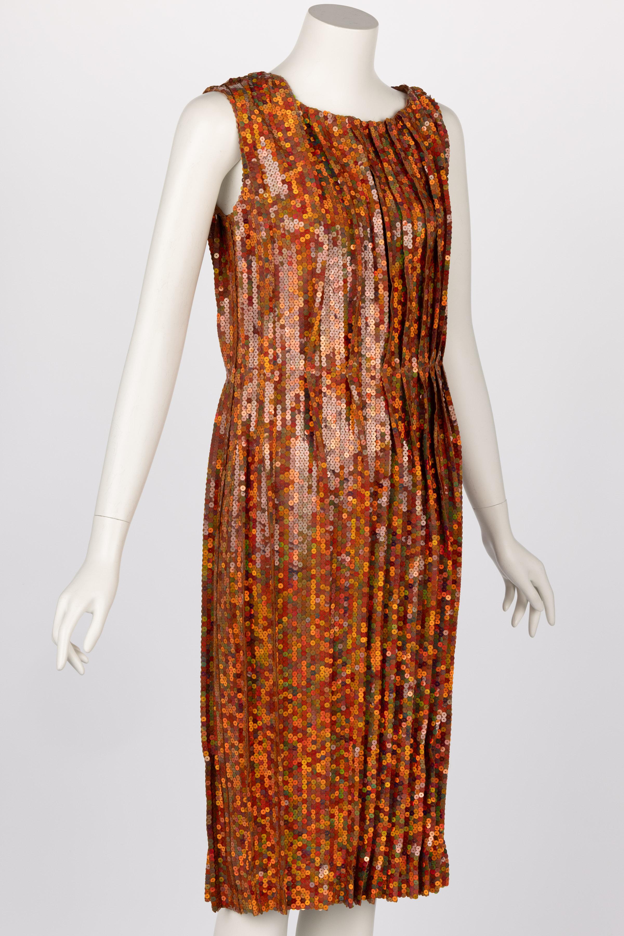 Orange Nina Ricci - Robe fourreau de cocktail sans manches orange à sequins cuivrés, 2016 en vente