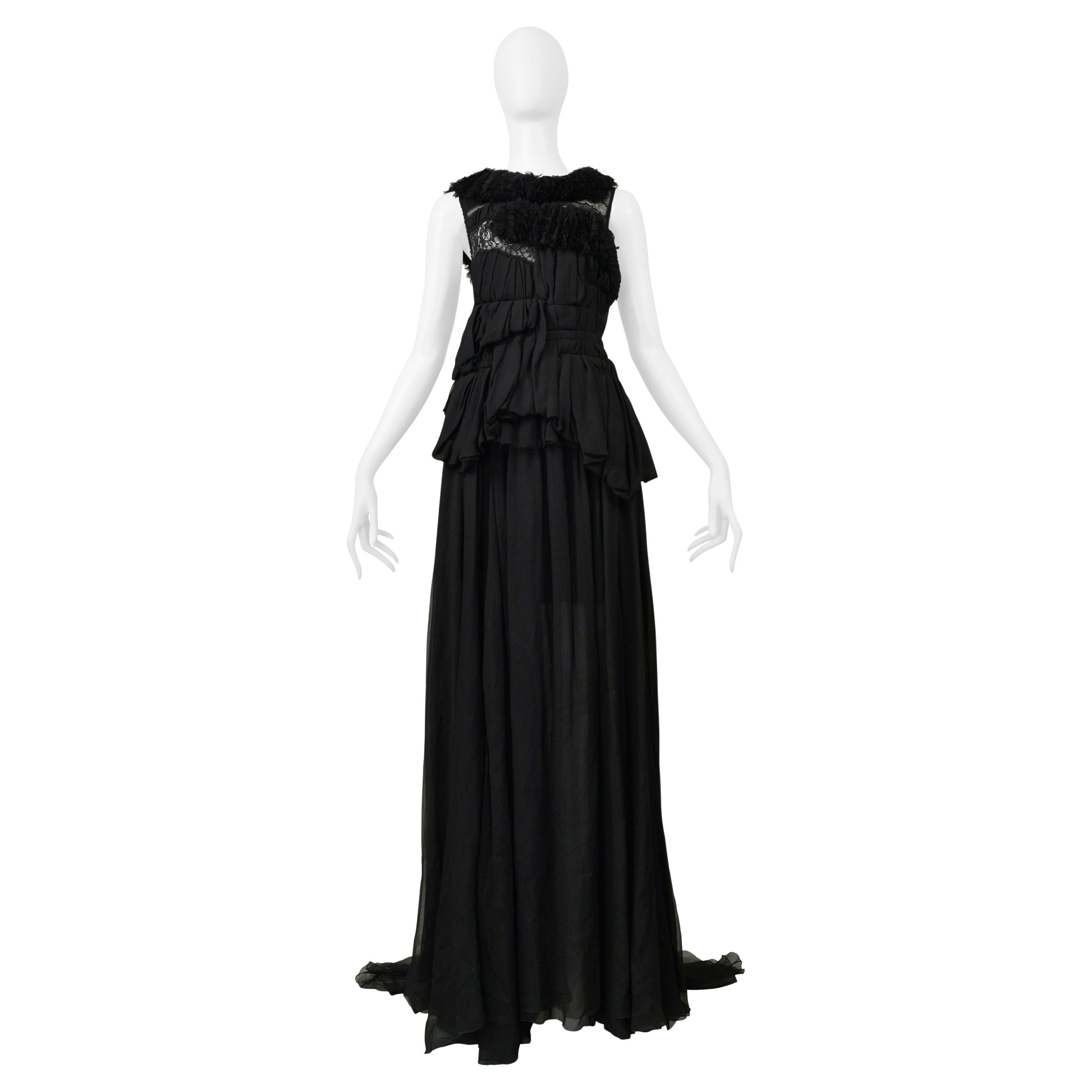 Nina Ricci Stunning Black Chiffon & Lace Evening Gown with Train For Sale