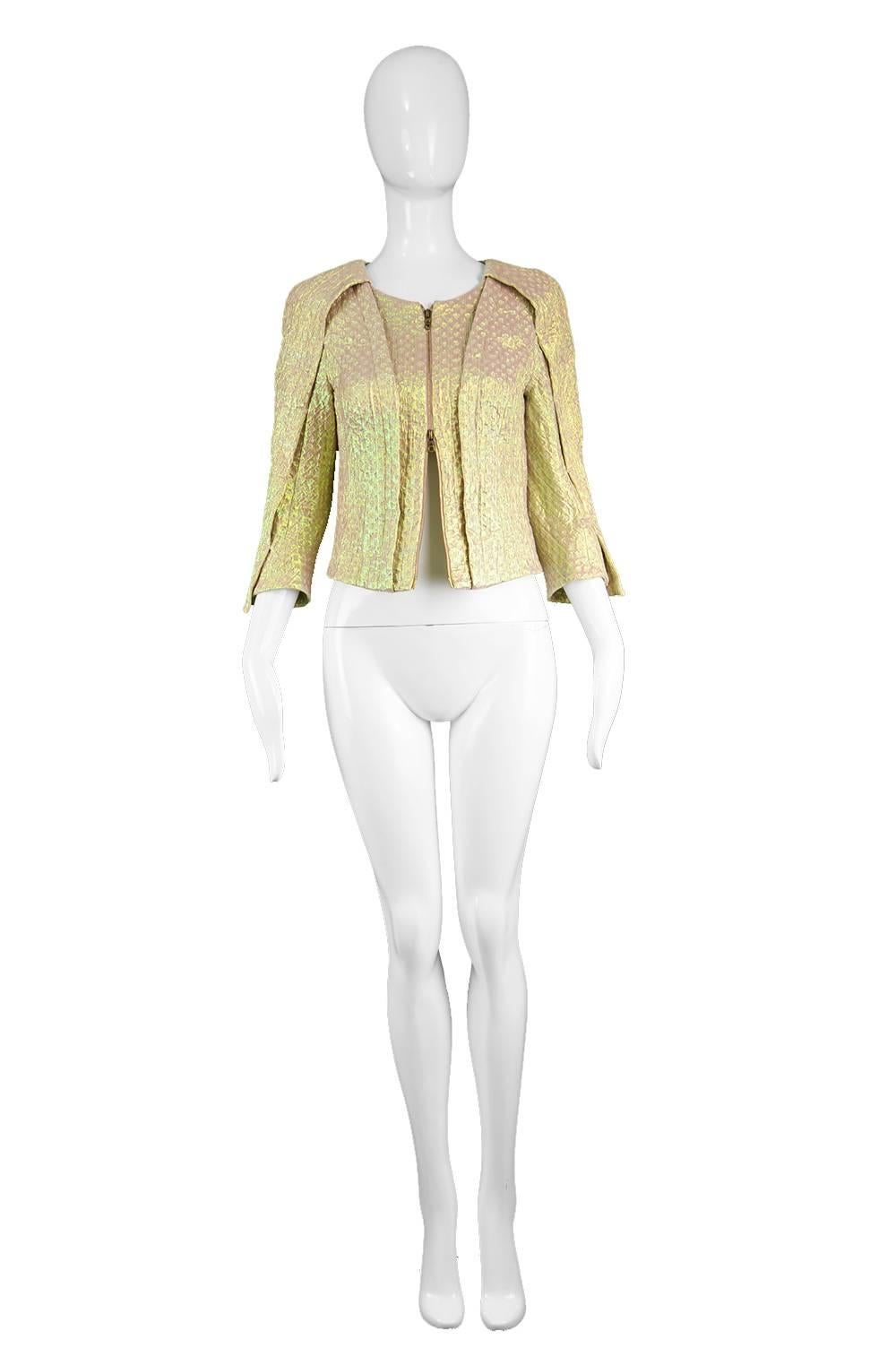 Nina Ricci Textured Iridescent Gold Lamé Futuristic Women's Blazer Jacket 

Size: Marked EU 36 which is roughly a UK 8/ US 4. Please check measurements. 
Bust - 32” / 81cm
Waist - 31” / 79cm
Length (Shoulder to Hem) - 18” / 46cm
Sleeve Pit to Cuff -