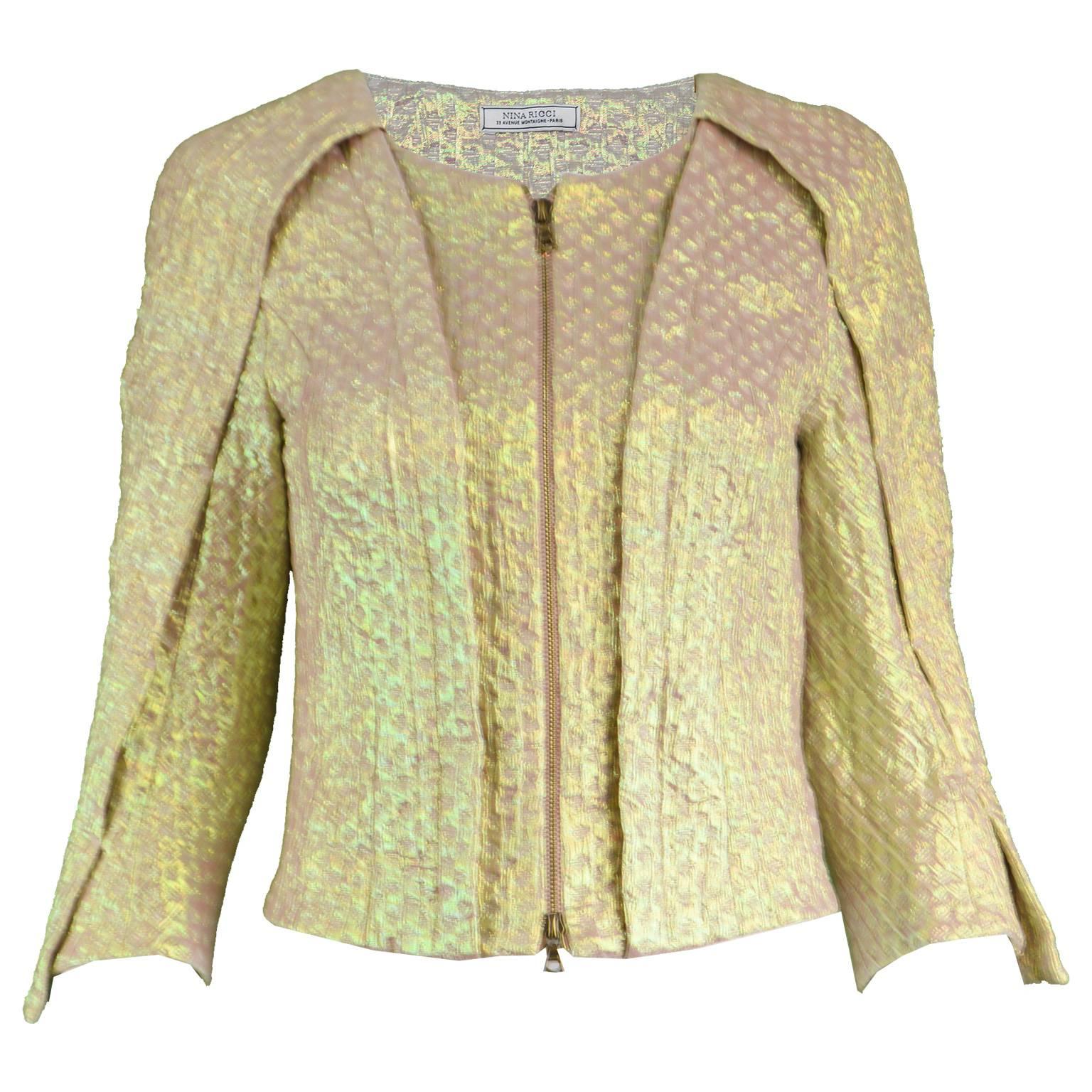 Nina Ricci Textured Iridescent Gold Lamé Futuristic Women's Blazer Jacket 