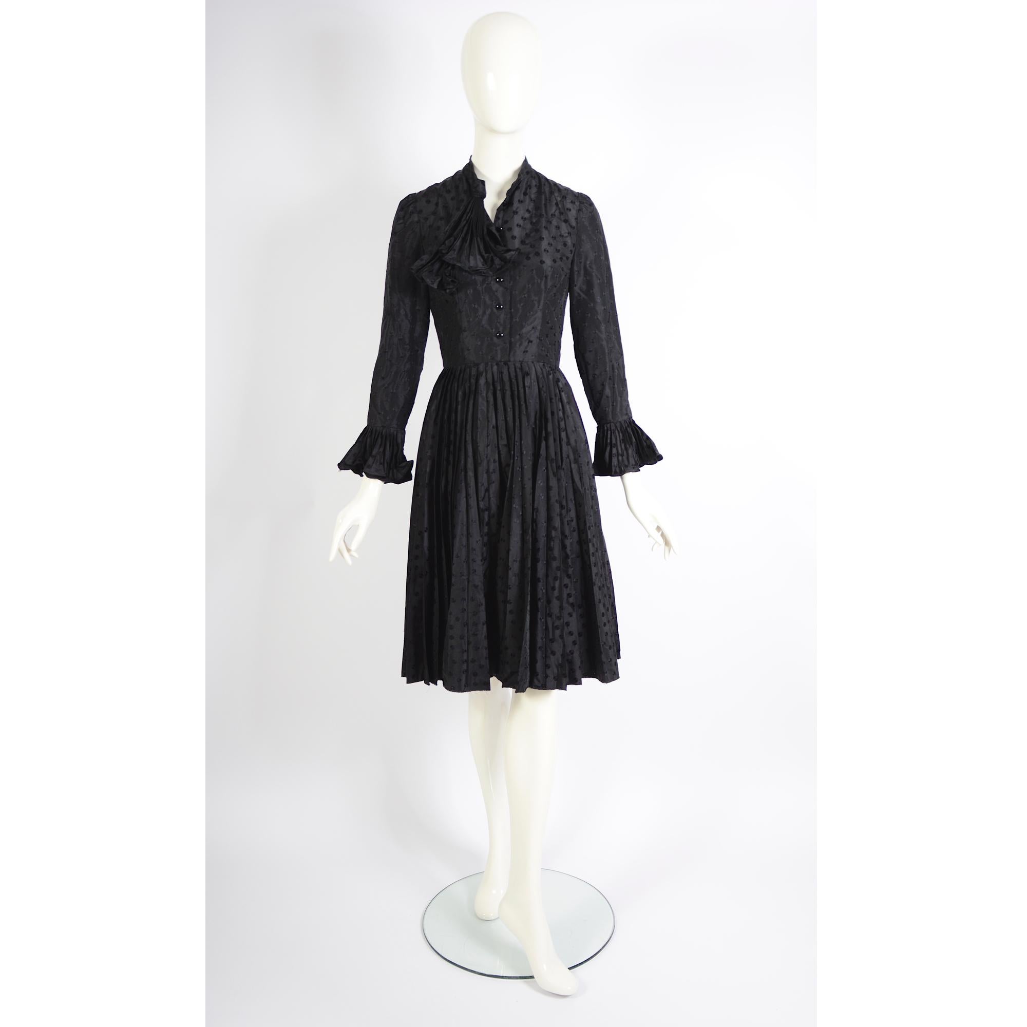 Nina Ricci Vintage 1970s Black Silk Pleated Skirt & Attached Ruffled Tie Dress For Sale 6