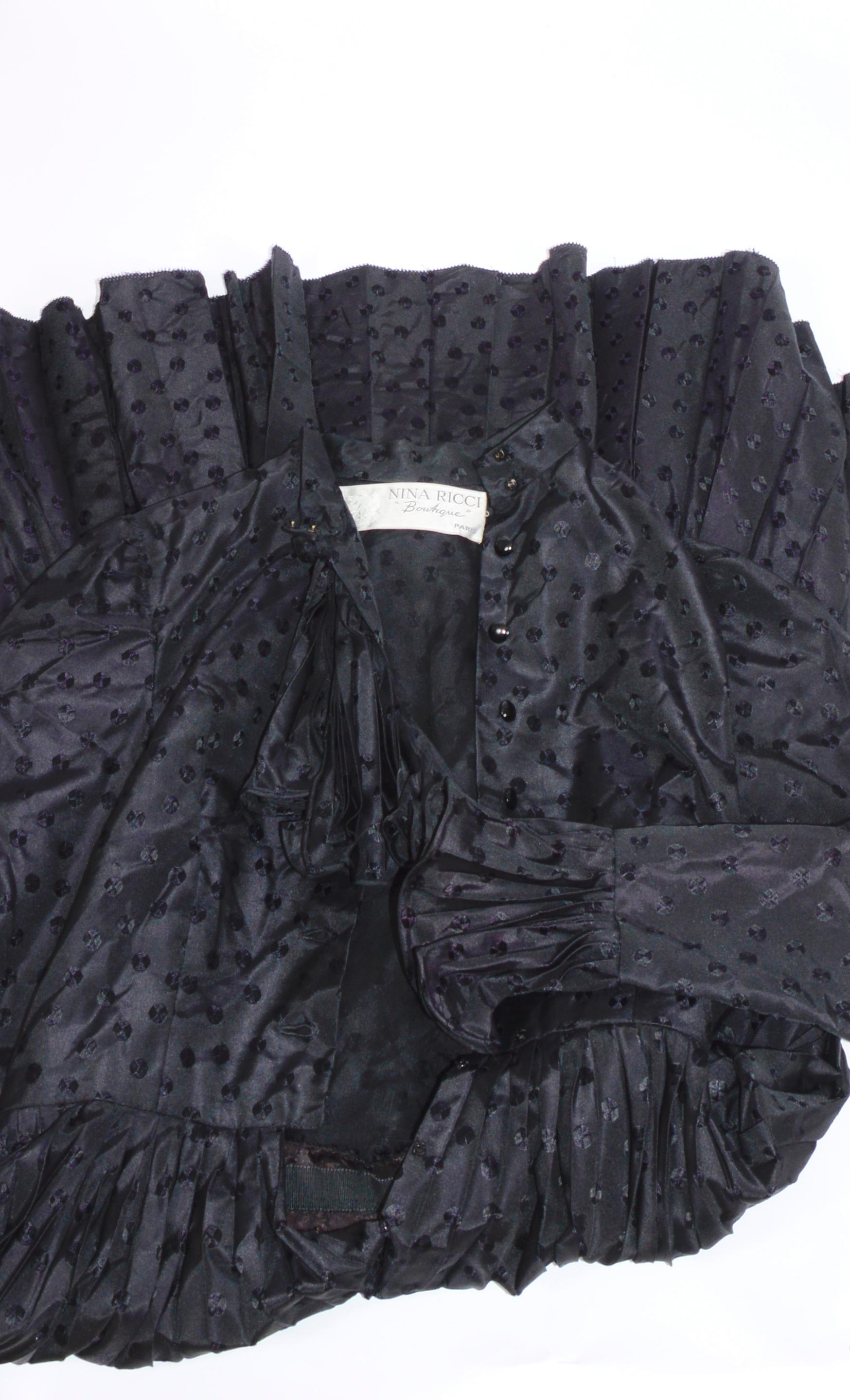 Nina Ricci Vintage 1970s Black Silk Pleated Skirt & Attached Ruffled Tie Dress For Sale 7