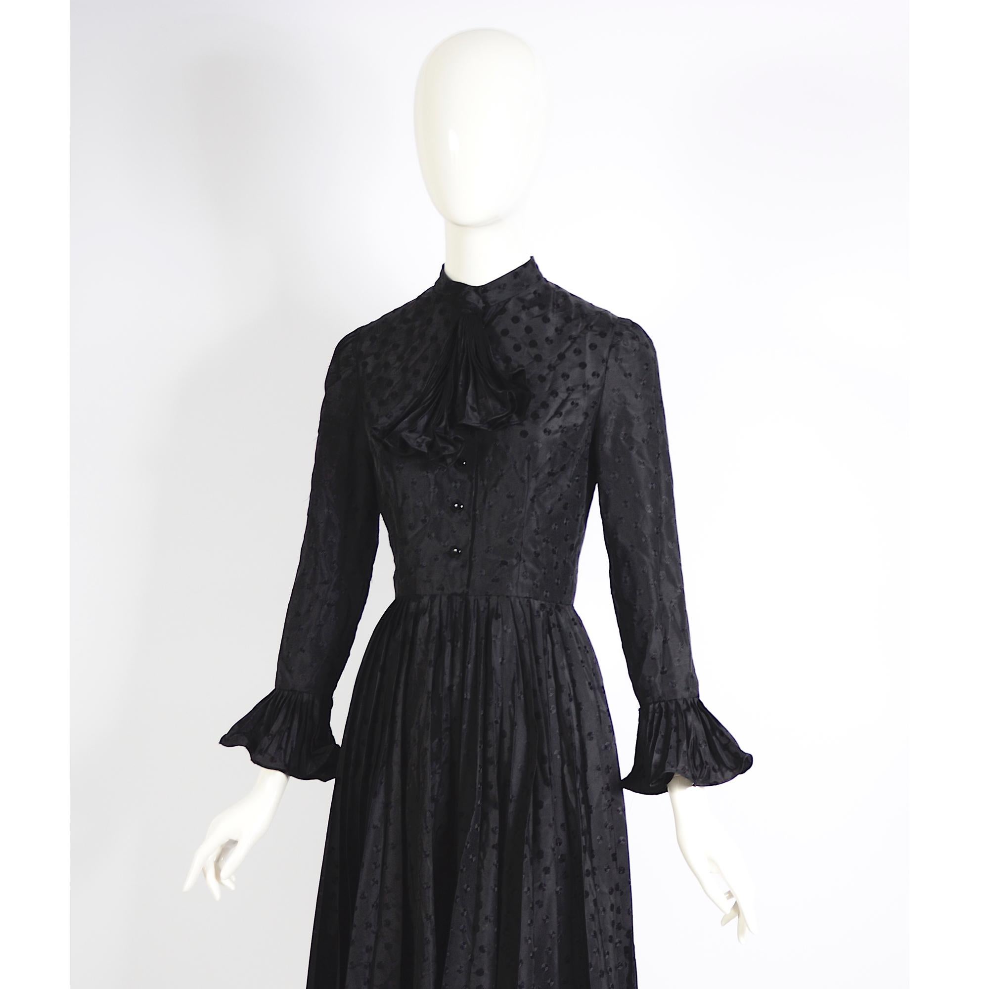 Nina Ricci Vintage 1970s Black Silk Pleated Skirt & Attached Ruffled Tie Dress For Sale 8