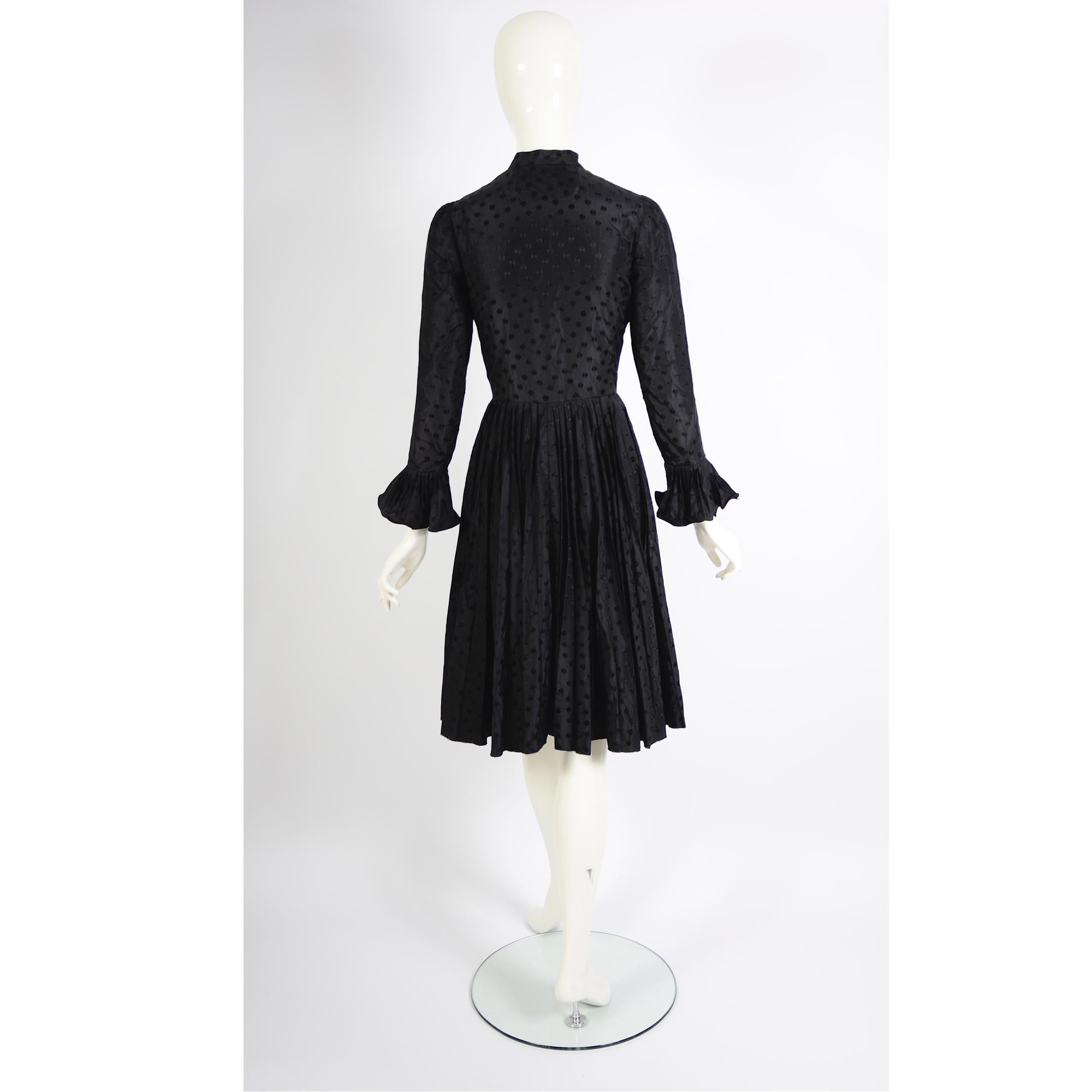 Nina Ricci Vintage 1970s Black Silk Pleated Skirt & Attached Ruffled Tie Dress For Sale 1