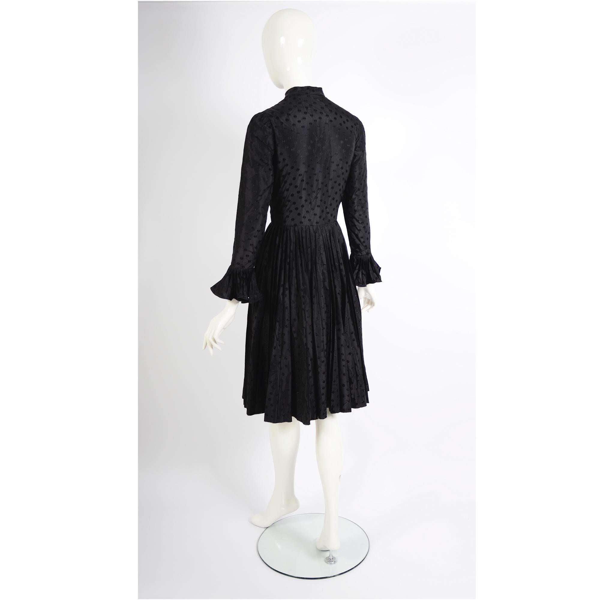 Nina Ricci Vintage 1970s Black Silk Pleated Skirt & Attached Ruffled Tie Dress For Sale 2