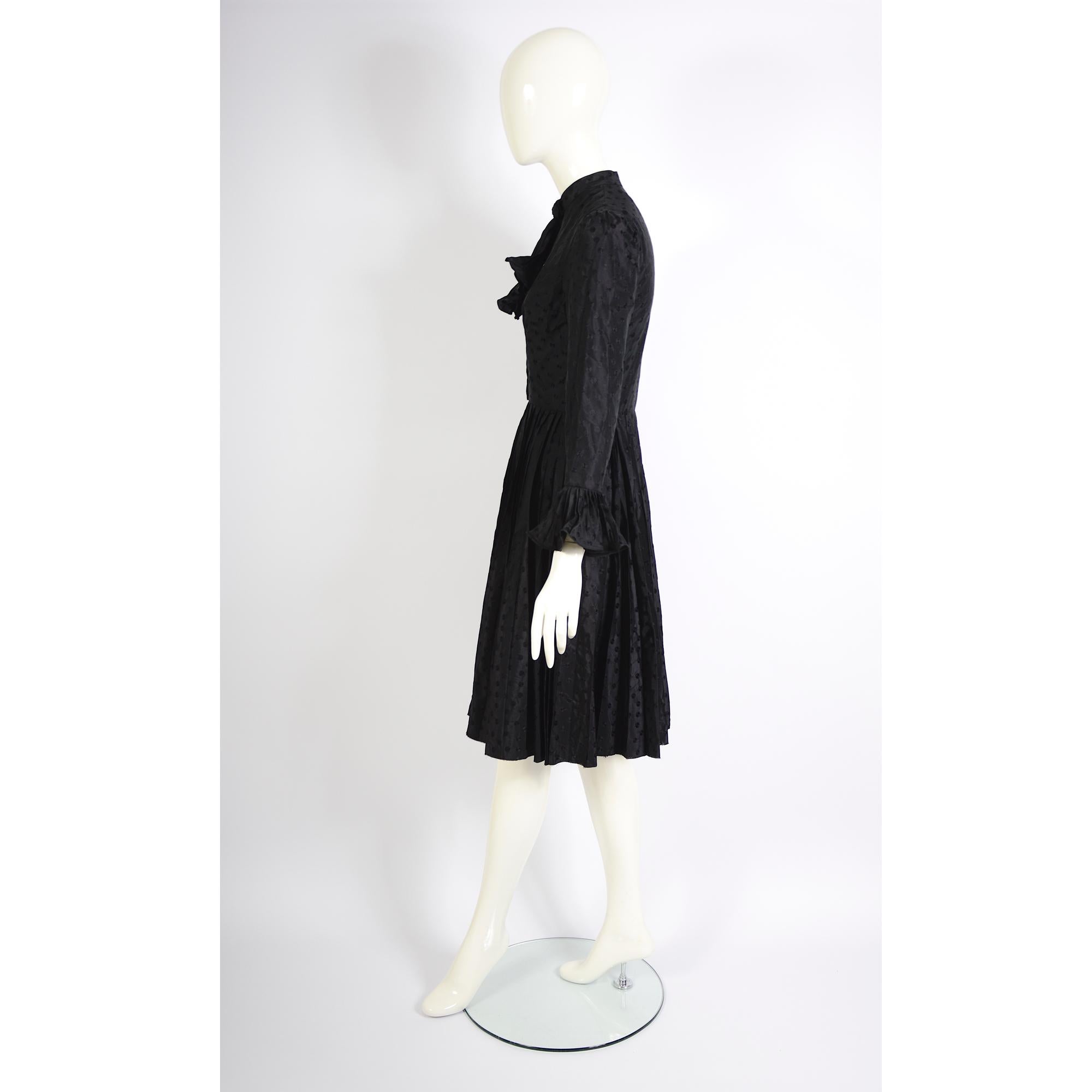 Nina Ricci Vintage 1970s Black Silk Pleated Skirt & Attached Ruffled Tie Dress For Sale 3