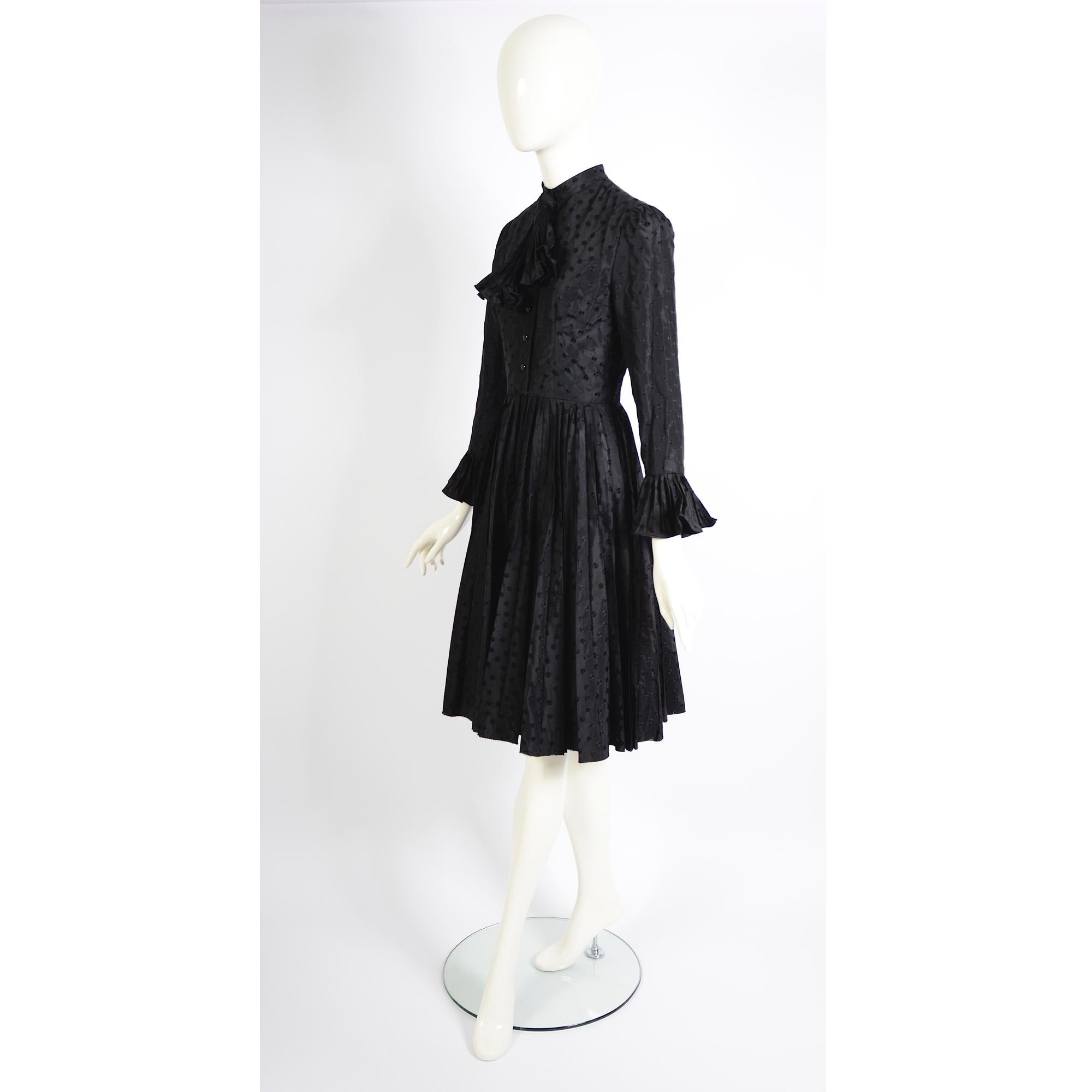 Nina Ricci Vintage 1970s Black Silk Pleated Skirt & Attached Ruffled Tie Dress For Sale 4