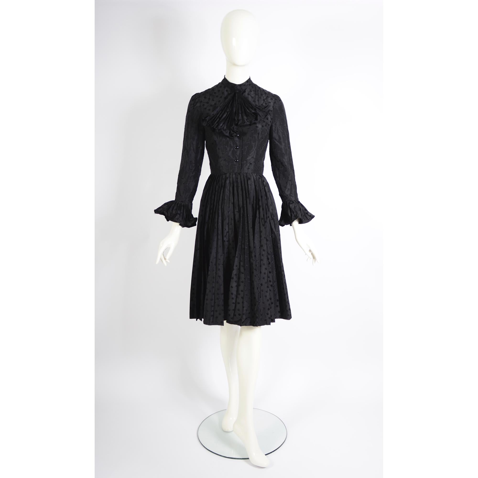 Nina Ricci Vintage 1970s Black Silk Pleated Skirt & Attached Ruffled Tie Dress For Sale 5