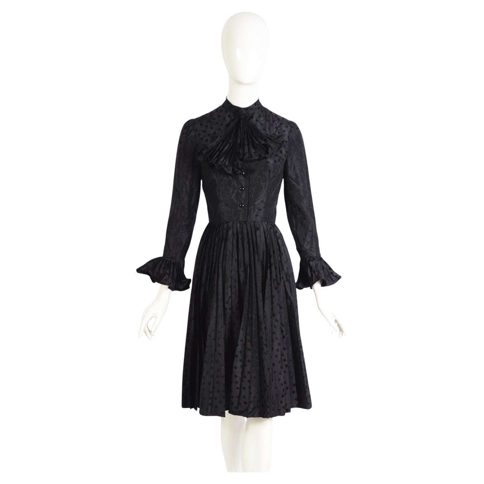 Nina Ricci Vintage 1970s Black Silk Pleated Skirt & Attached Ruffled Tie Dress For Sale