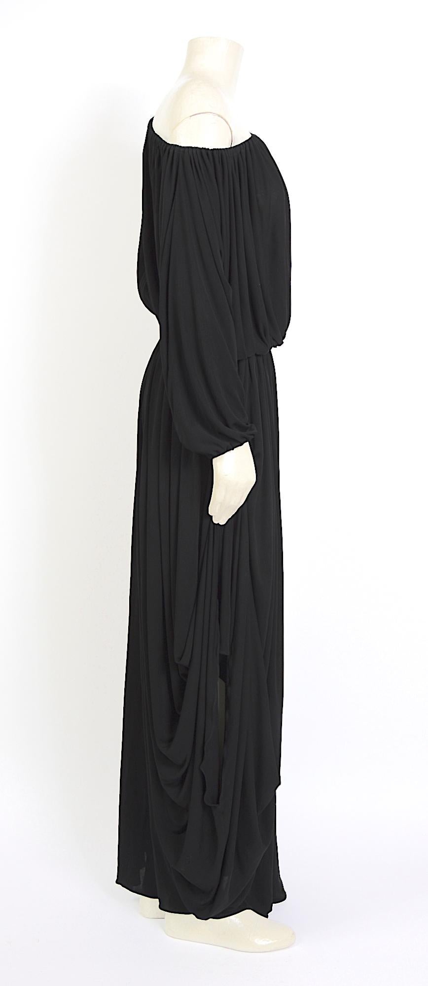 Nina Ricci vintage 1970s black viscose jersey Grecian style draped dress For Sale 2