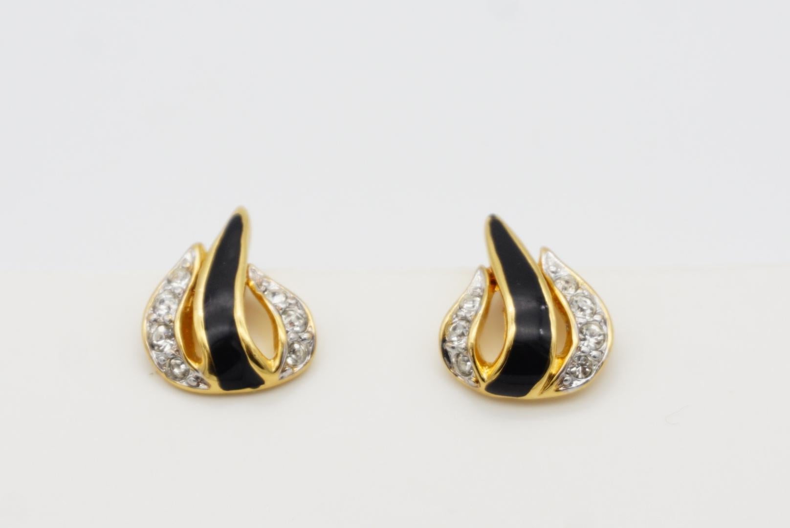 Nina Ricci Vintage 1980s Black Enamel Crystals Leaf Fire Openwork Clip Earrings 5
