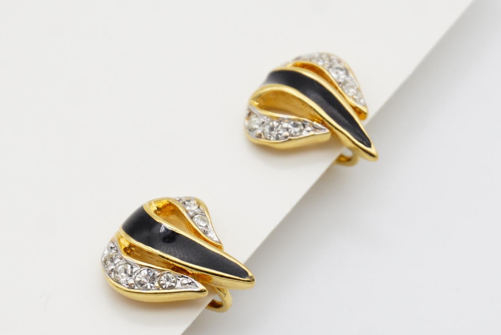 Nina Ricci Vintage 1980s Black Enamel Crystals Leaf Fire Openwork Clip Earrings 6