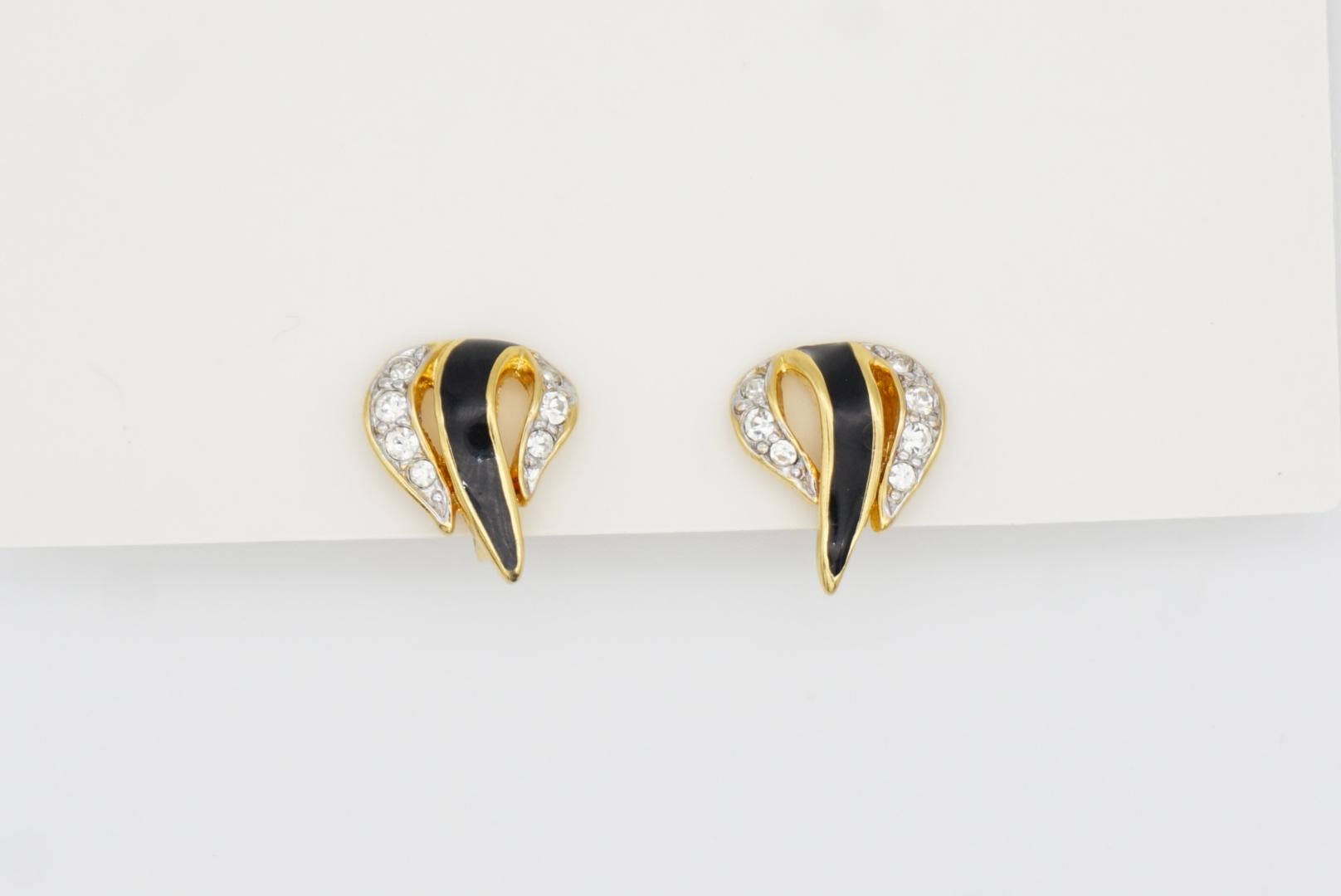 Nina Ricci Vintage 1980s Black Enamel Crystals Leaf Fire Openwork Clip Earrings 4