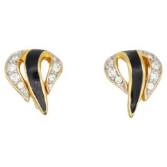 Nina Ricci Vintage 1980s Black Enamel Crystals Leaf Fire Openwork Clip Earrings