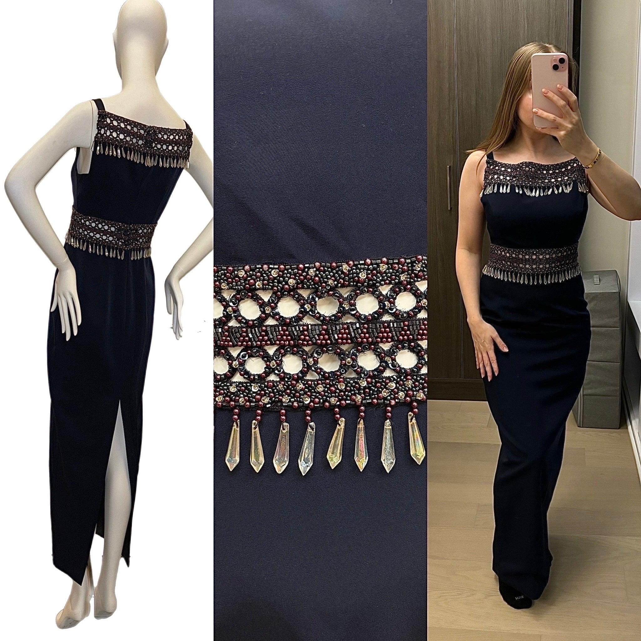 Nina Ricci
Vintage
Navy Blue
Excellent vintage condition, no flaws to note, minor feeling of wear
No size or comp tag
Measurements in inches: length 56, pit to pit 14, waist 14
Notes: no beads/crystals are missing, if it looks that way, it's just