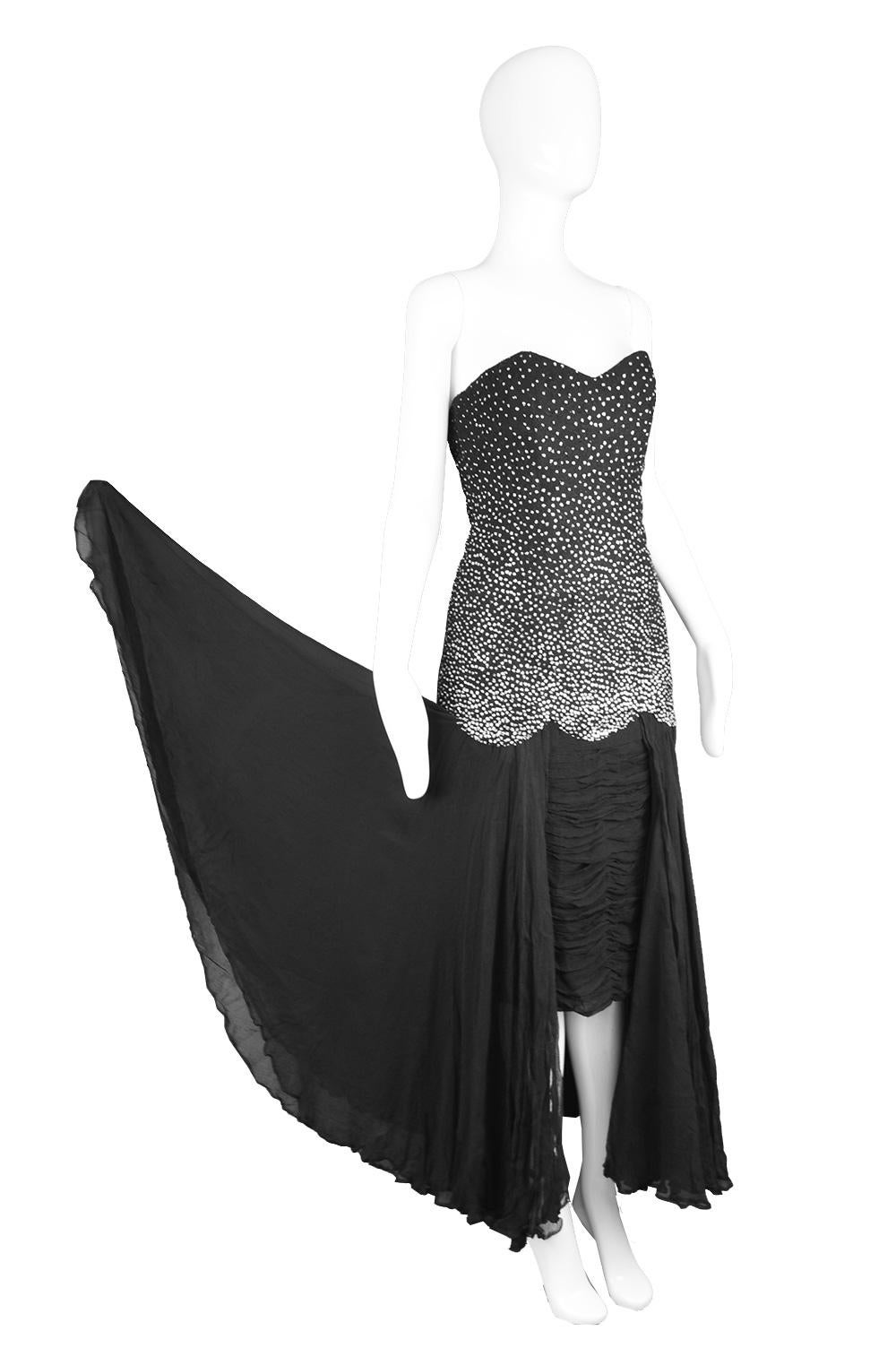 Women's or Men's Nina Ricci Vintage Black Silk Chiffon & Silver Glitter Strapless Dress, 1980s For Sale
