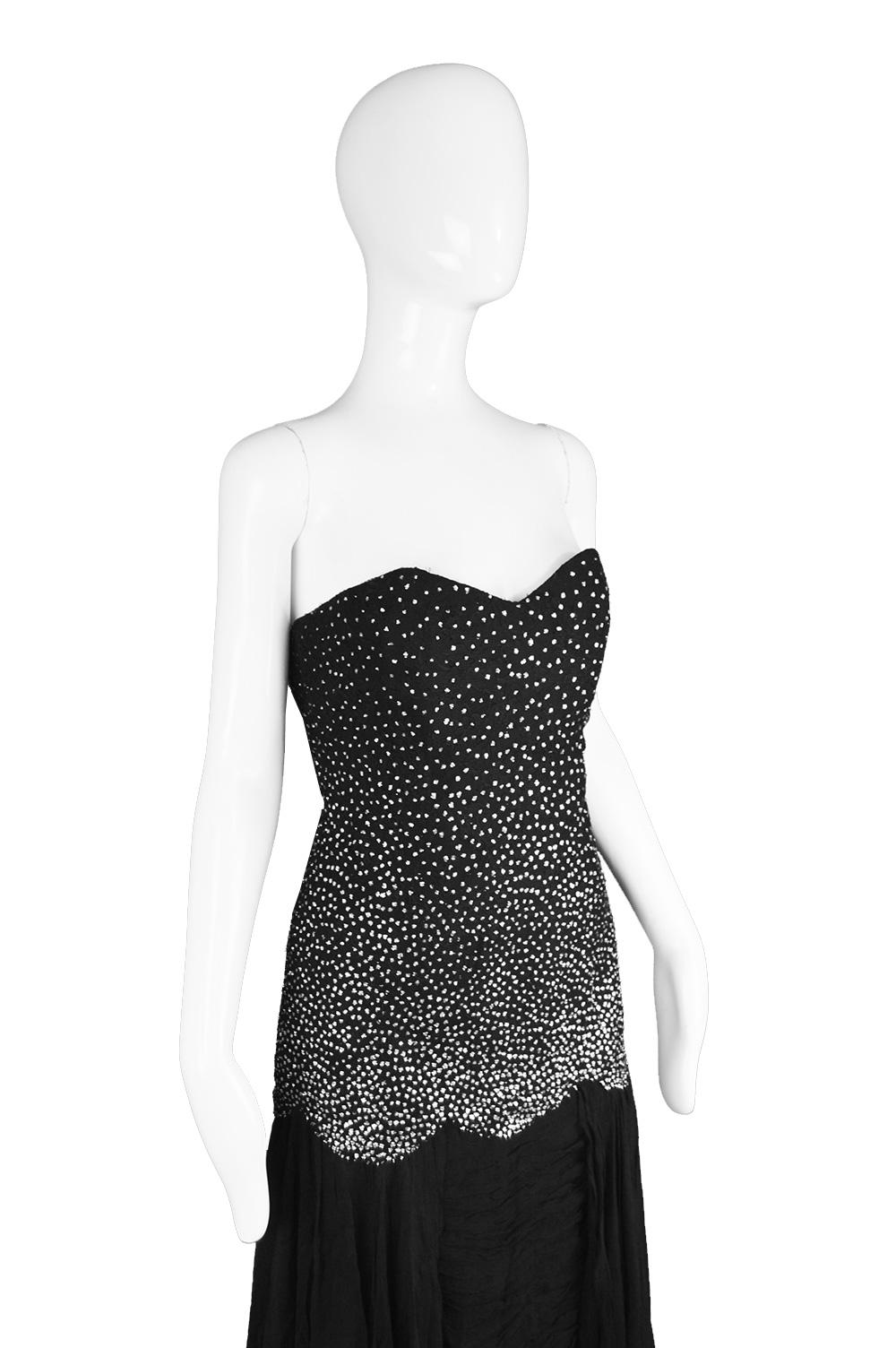Nina Ricci Vintage Black Silk Chiffon & Silver Glitter Strapless Dress, 1980s For Sale 1