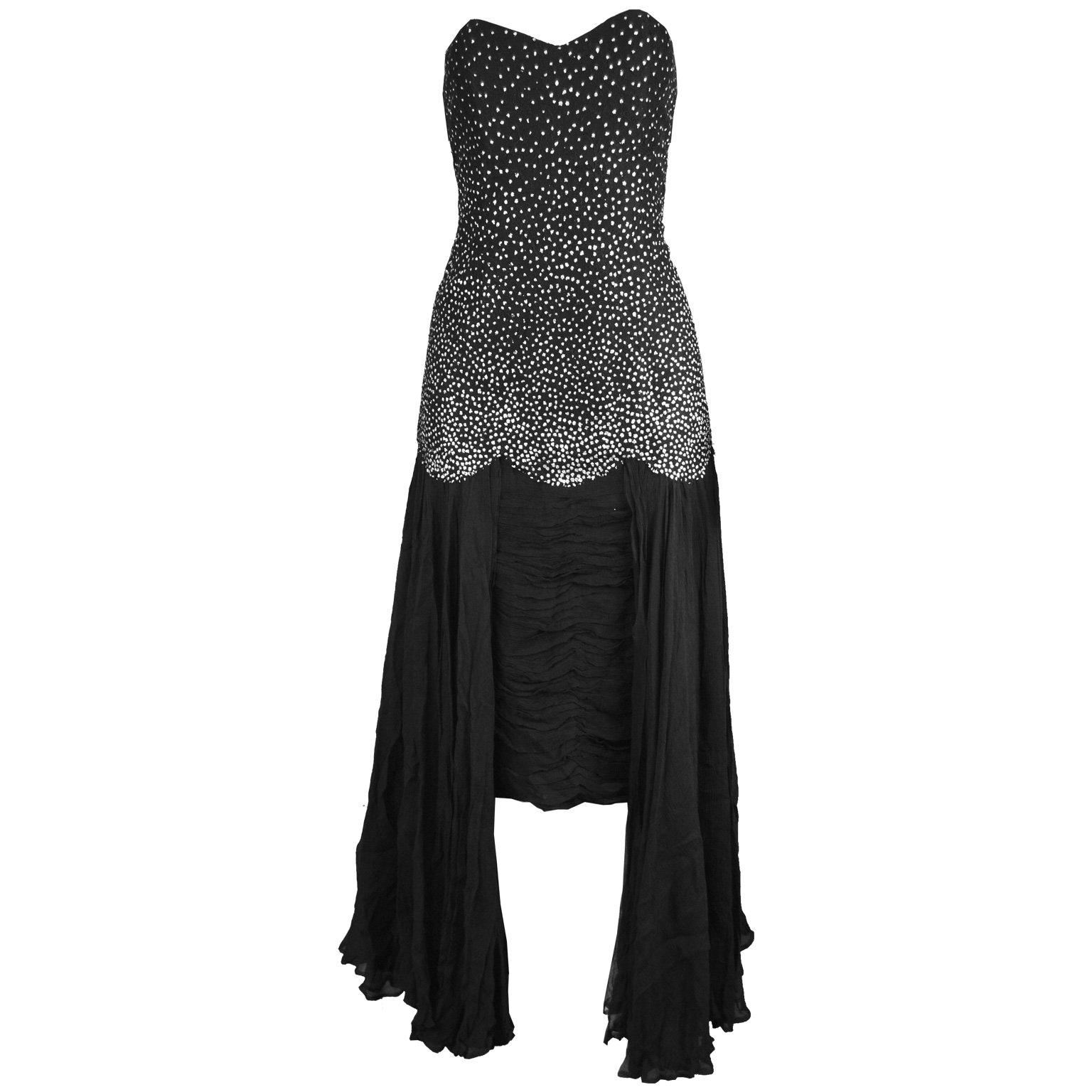 Nina Ricci Vintage Black Silk Chiffon & Silver Glitter Strapless Dress, 1980s For Sale