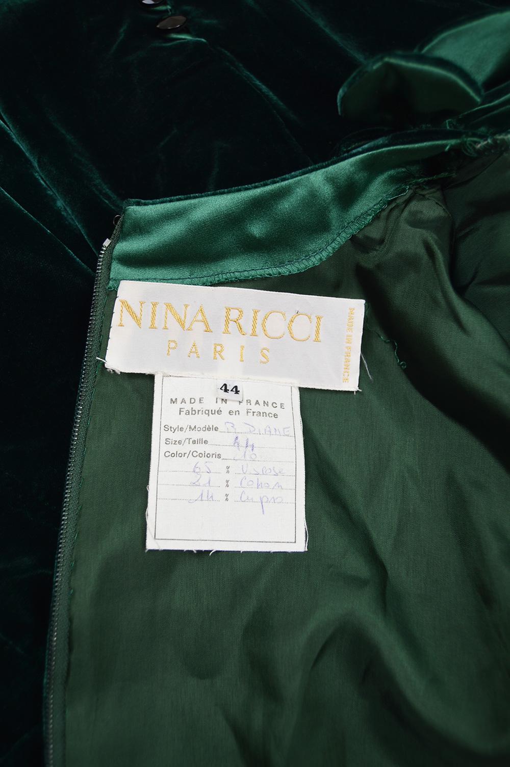 Nina Ricci Vintage Dark Green Velvet Swag Detail Evening Dress, 1980s For Sale 4