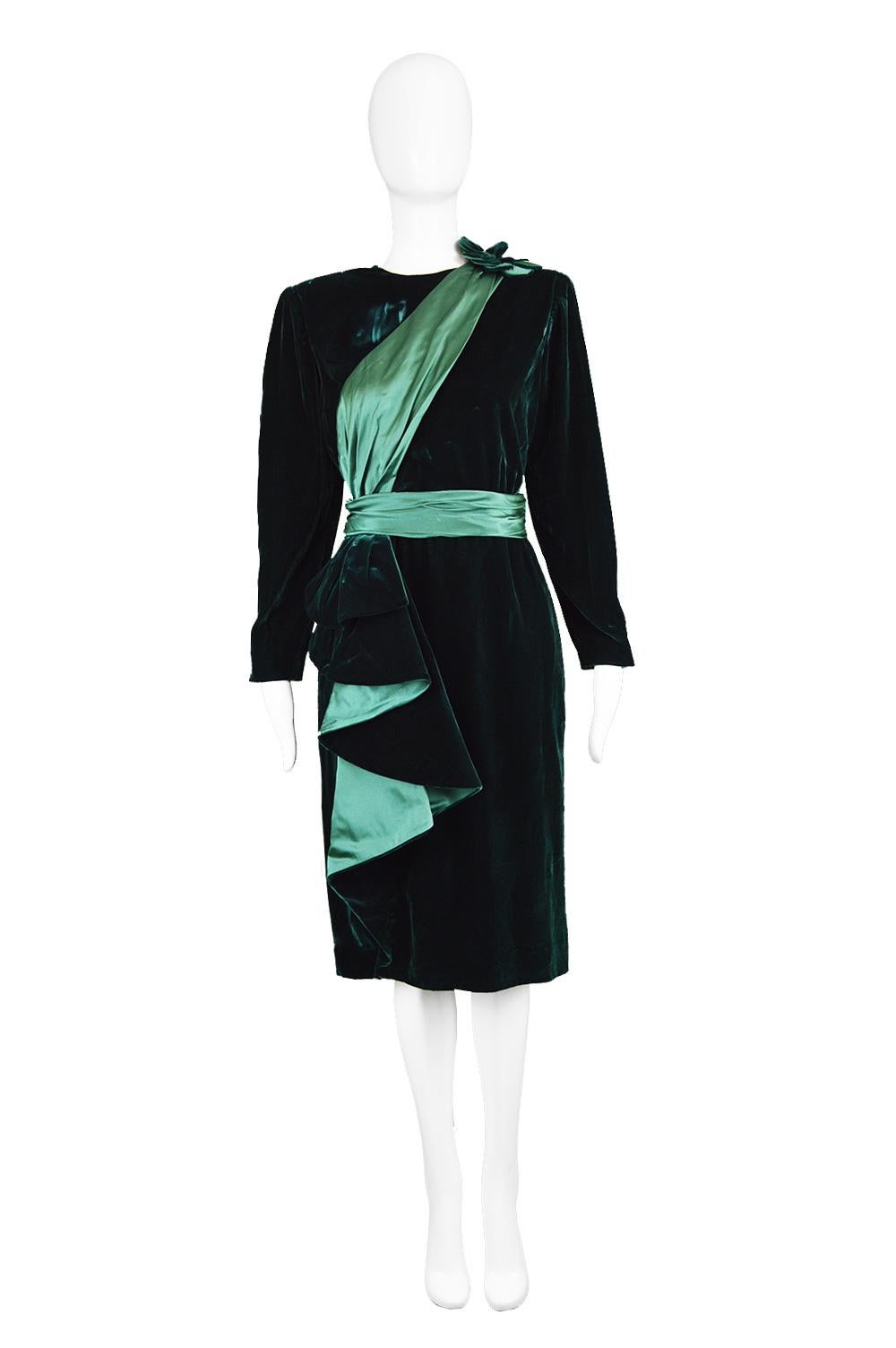 Nina Ricci Vintage Dark Green Velvet Swag Detail Evening Dress, 1980s

Estimated Size: roughly a UK 12-14/ US 8-10/ EU 40-42. Please check measurements. 
Bust - 38” / 96cm
Waist - 30” / 76cm
Hips - 40” / 101cm
Length (Shoulder to Hem) - 41” /