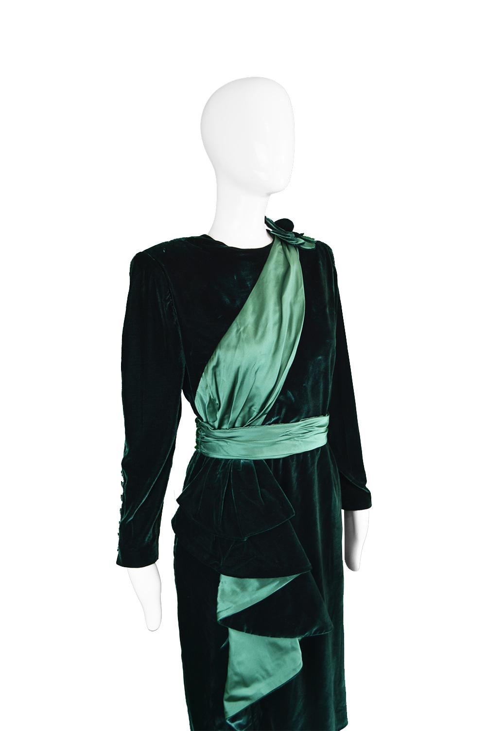 Black Nina Ricci Vintage Dark Green Velvet Swag Detail Evening Dress, 1980s For Sale