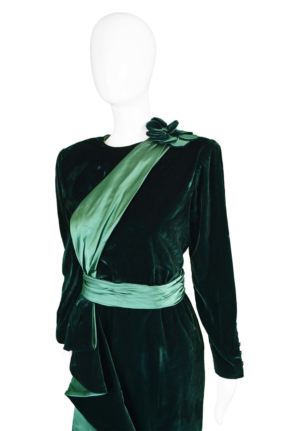 Nina Ricci Vintage Dark Green Velvet Swag Detail Evening Dress, 1980s In Excellent Condition For Sale In Doncaster, South Yorkshire