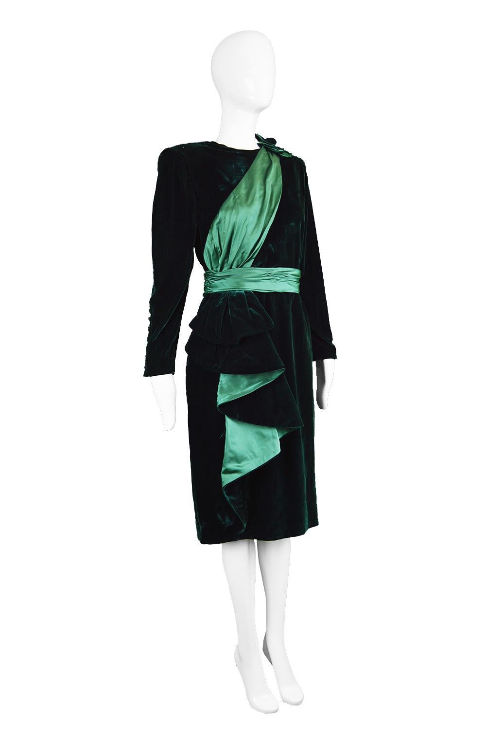 Nina Ricci Vintage Dark Green Velvet Swag Detail Evening Dress, 1980s For Sale 1