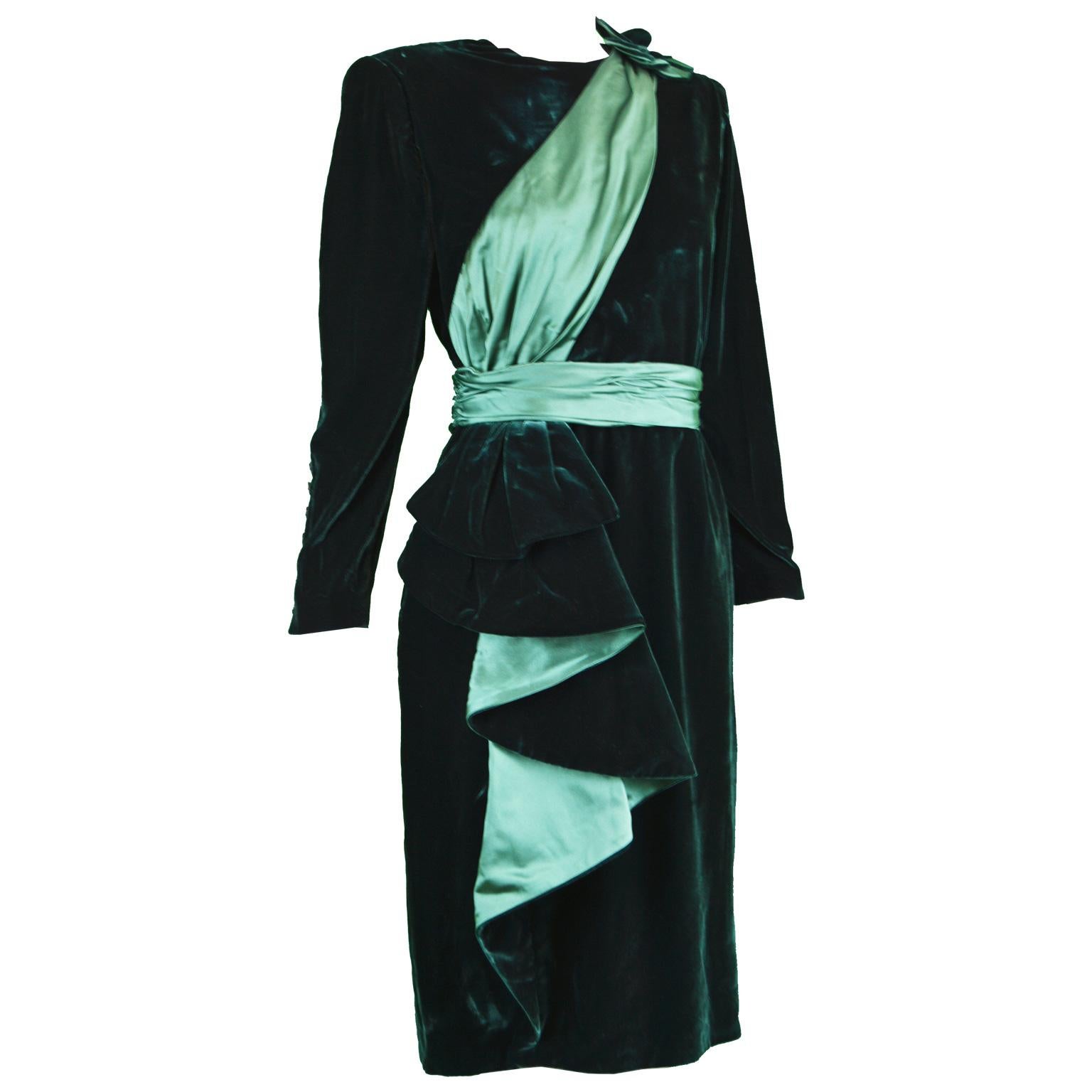 Nina Ricci Vintage Dark Green Velvet Swag Detail Evening Dress, 1980s For Sale