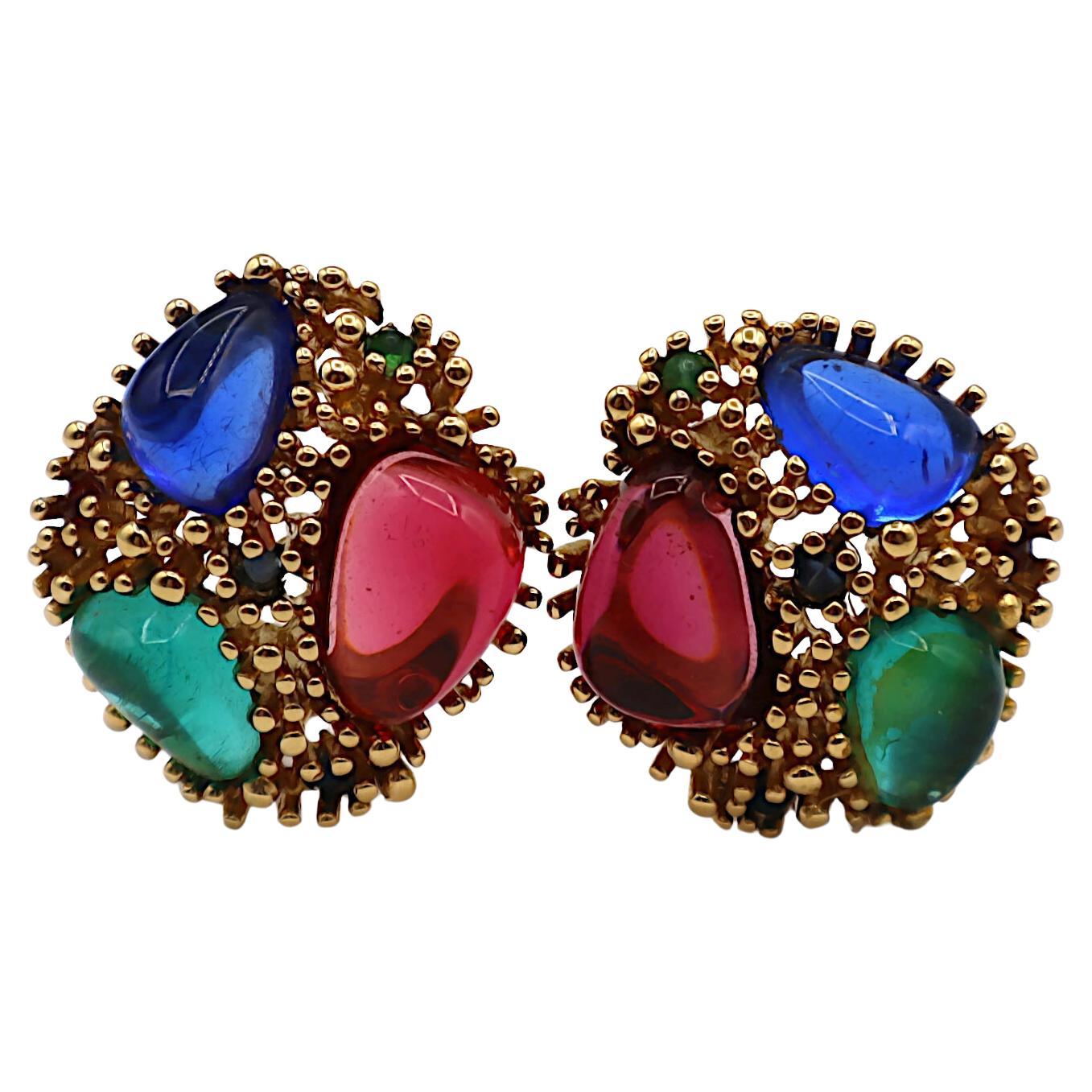 NINA RICCI Vintage Glass Cabochon Clip-On Earrings For Sale