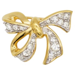 Broche de Nina Ricci vintage, dorado, poco común, con cristales brillantes y forma de lazo de mariposa